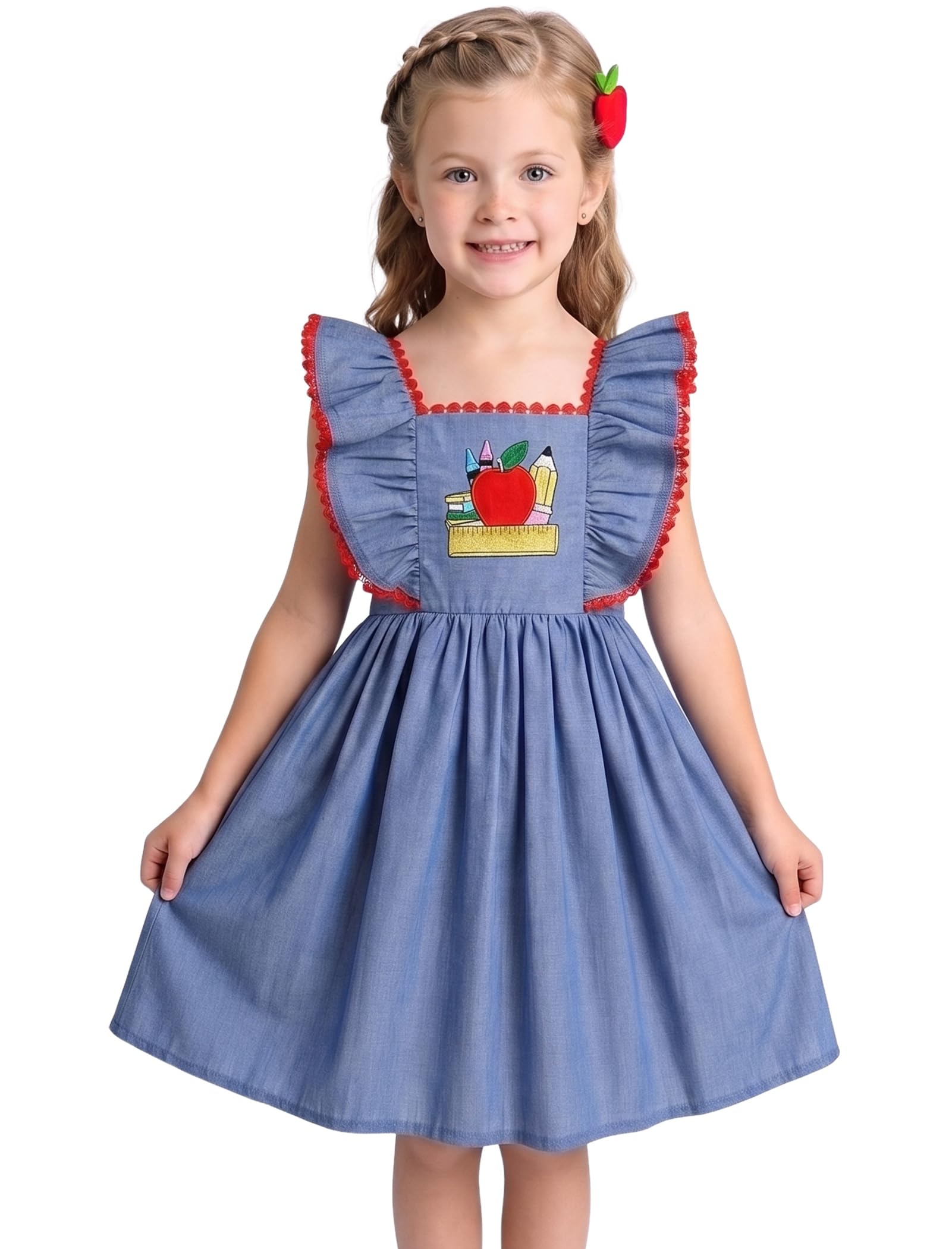 IMEKIS Toddler Kids Girls Back to School Dress Embroidered Apple Pencil Ruffle Sleeve Clothes 3-8T