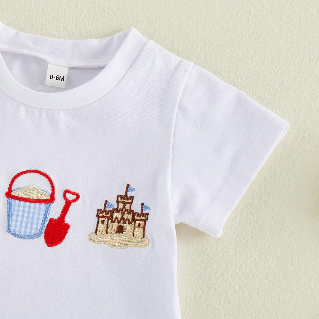 Bagilaanoe Toddler Baby Boy Short Sleeve T-Shirt+ Plaid Shorts Set Castle Embroidery Outfit Beach Clothes 2PCS Set