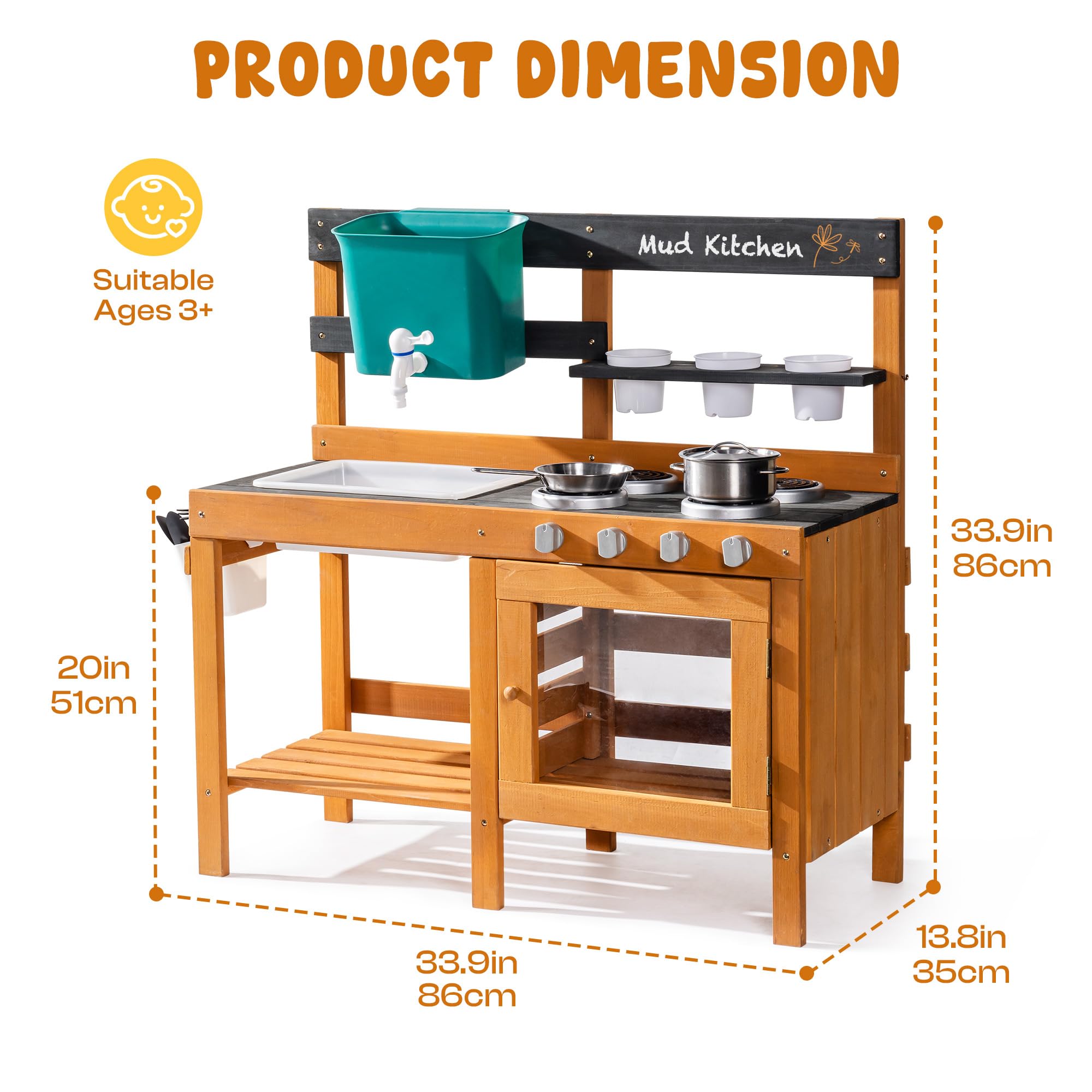 ROBUD Mud Kitchen for Kids Outdoor, BBQ Grill Solid Wood Outdoor Play Kitchen, Green Kids Mud Kitchen with Working Water Tap, Blackboard, Garden Sink, Monteeori Toys for Children Ages 3+, WH003-2