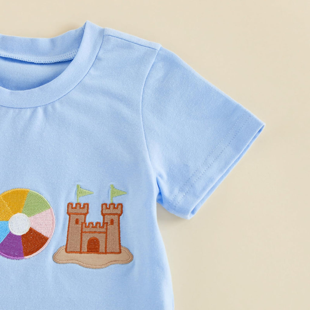 Bagilaanoe Toddler Baby Boy Short Sleeve T-Shirt+ Plaid Shorts Set Castle Embroidery Outfit Beach Clothes 2PCS Set