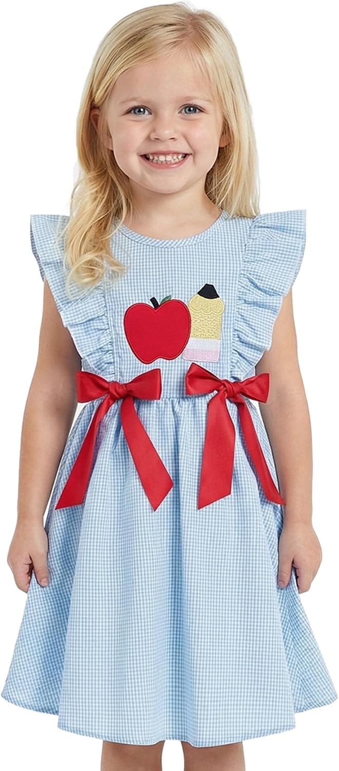 IMEKIS Toddler Kids Girls Back to School Dress, Ruffle Sleeve Embroidered Apple Pencil Kindergarten Outfit 3-8T