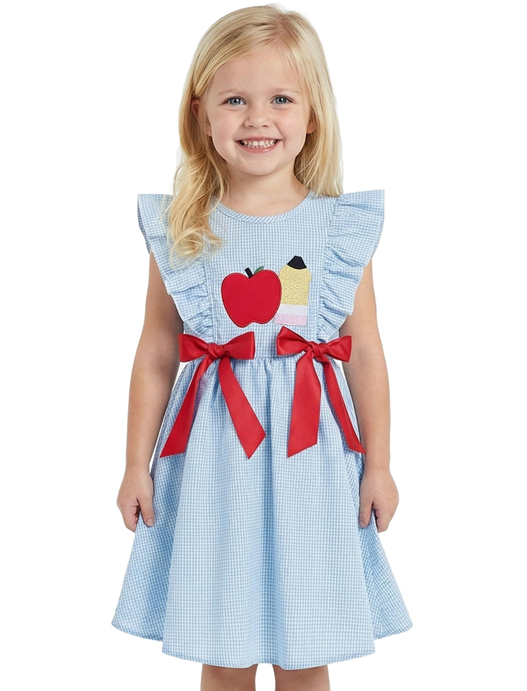 IMEKIS Toddler Kids Girls Back to School Dress, Ruffle Sleeve Embroidered Apple Pencil Kindergarten Outfit 3-8T