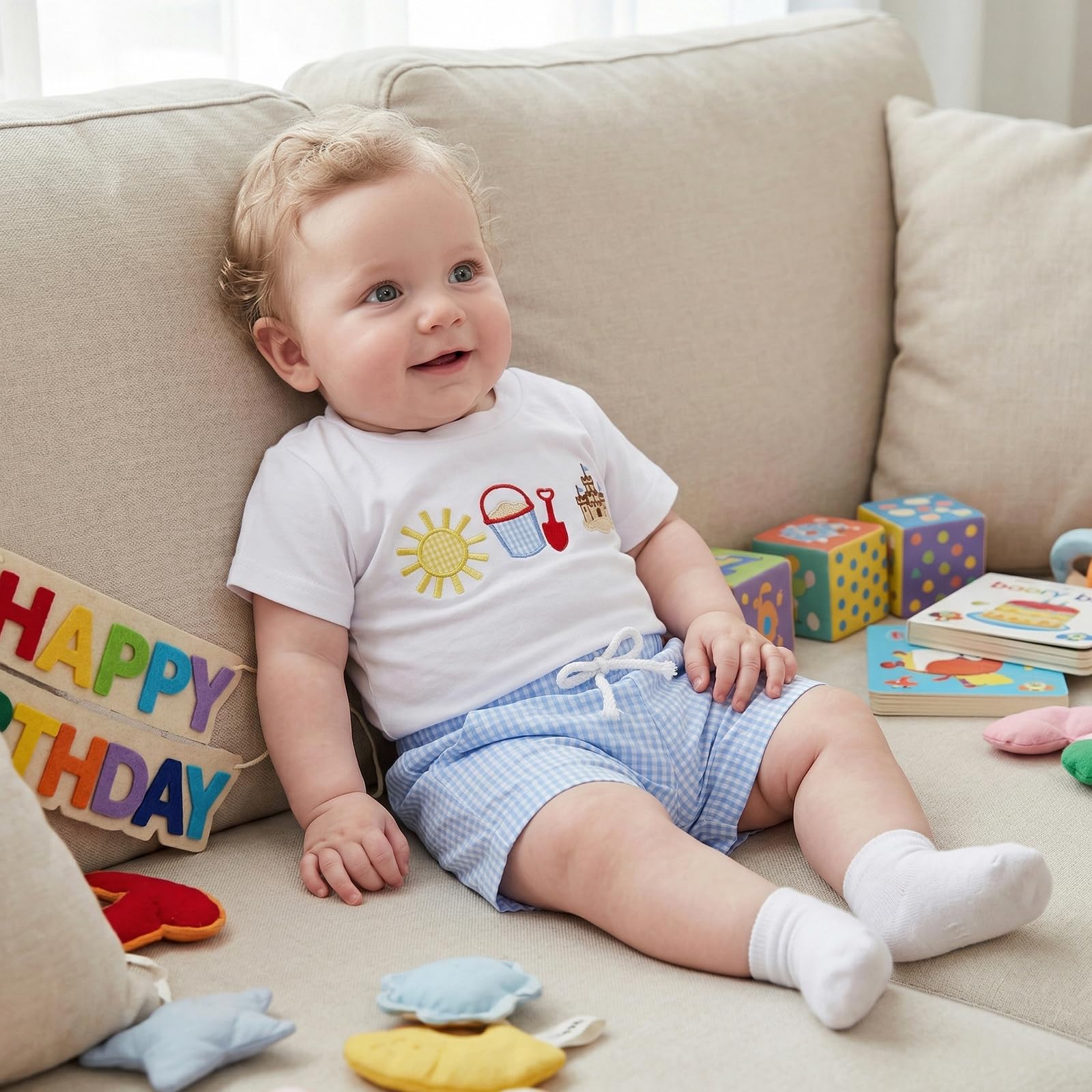 Bagilaanoe Toddler Baby Boy Short Sleeve T-Shirt+ Plaid Shorts Set Castle Embroidery Outfit Beach Clothes 2PCS Set