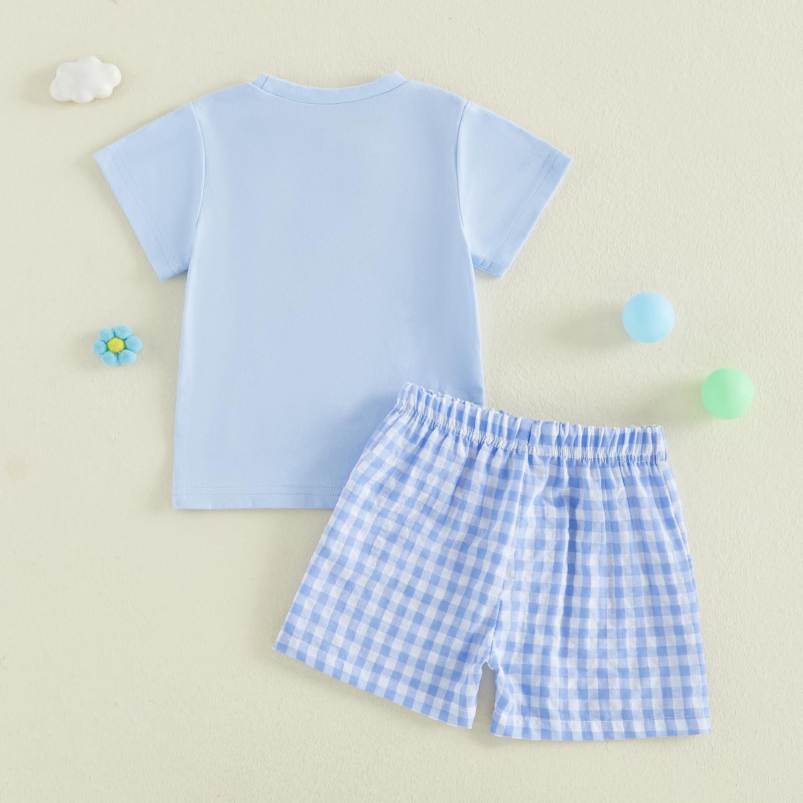 Bagilaanoe Toddler Baby Boy Short Sleeve T-Shirt+ Plaid Shorts Set Castle Embroidery Outfit Beach Clothes 2PCS Set