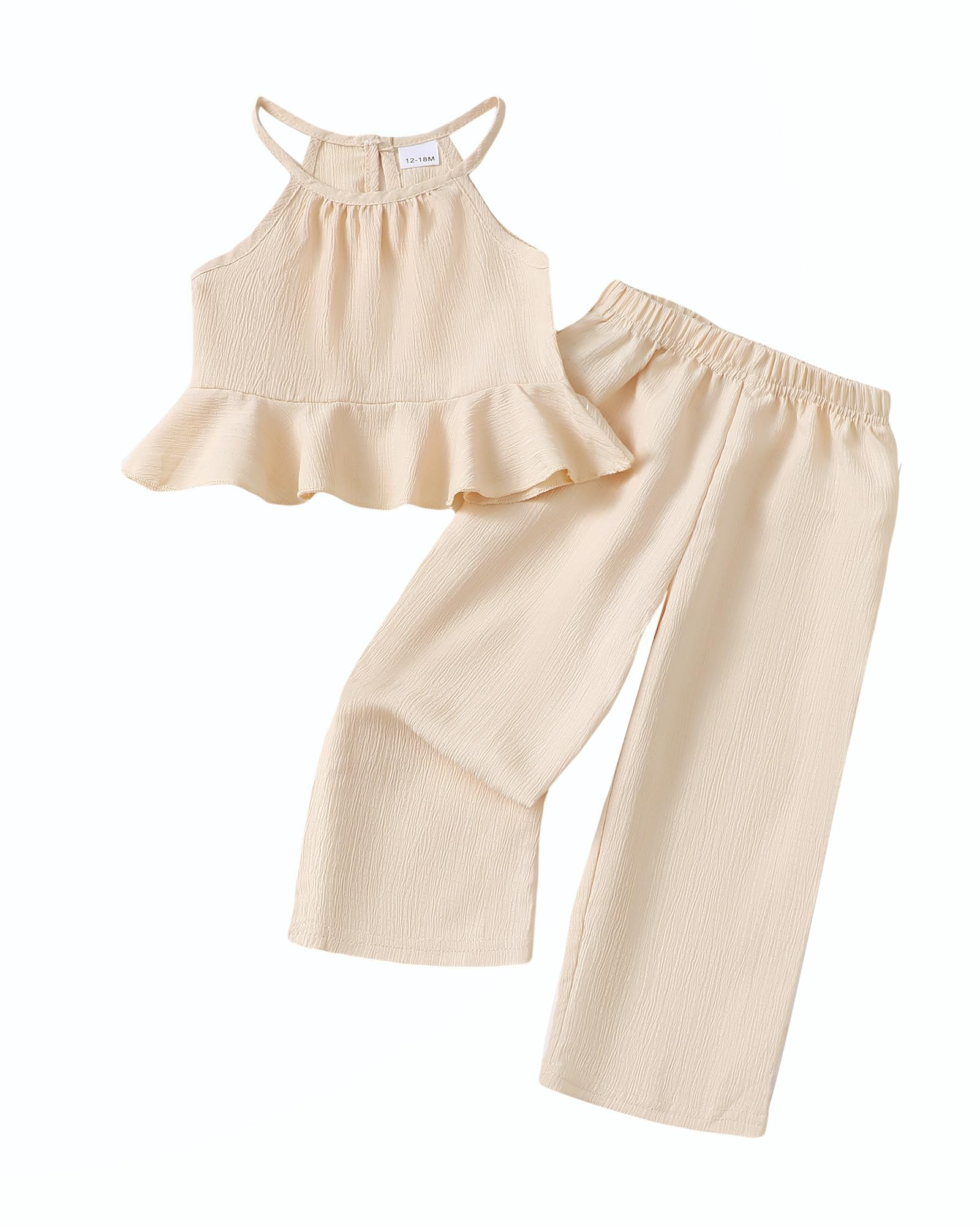 Kucnuzki Baby Girl Clothes Toddler Girl Summer Outfits Sleeveless Ruffle Halter Tops Wide Leg Pants Kids Clothing Set