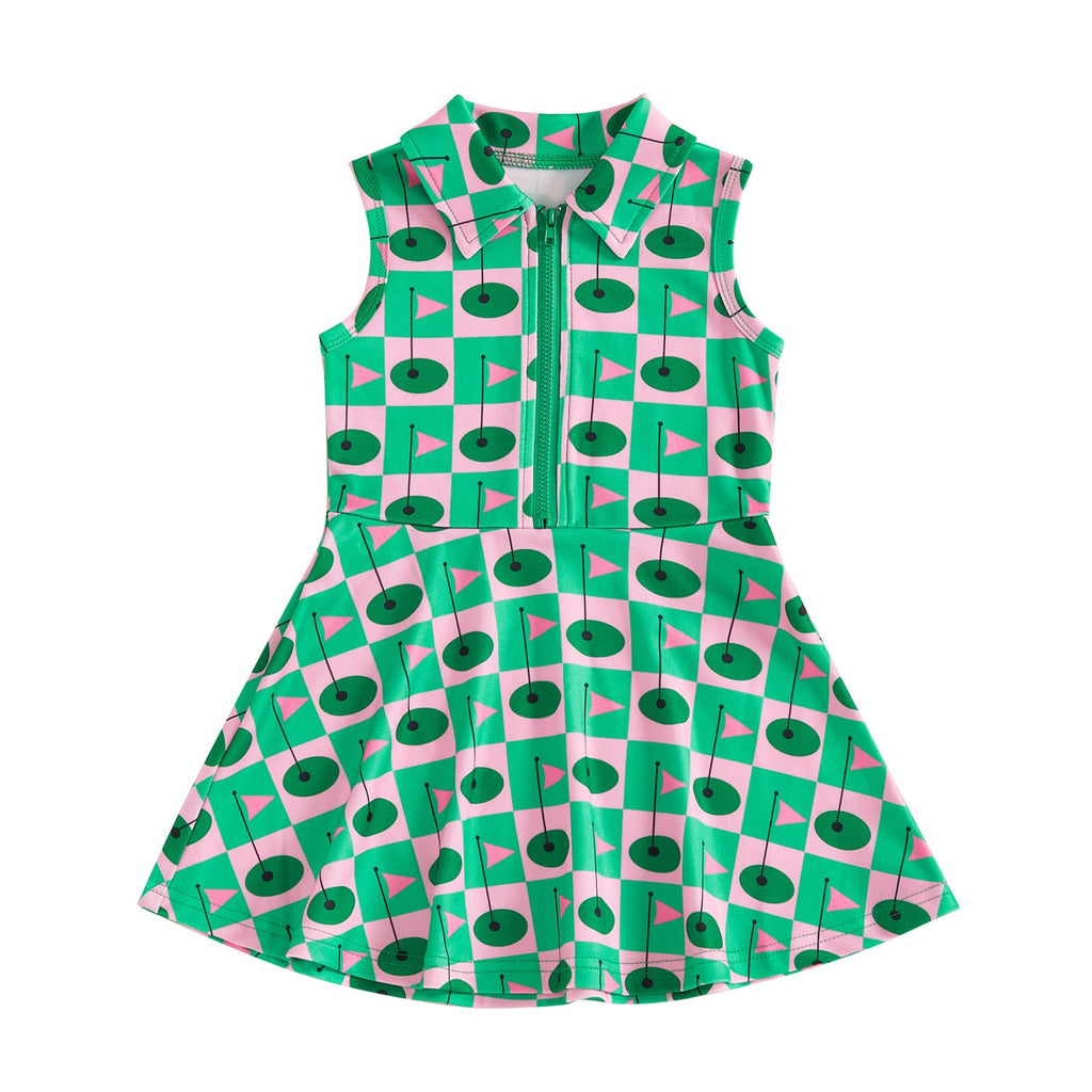 Toddler Baby Girl Dress Kids Polo Tank Dresses Golf Cart Outfit Zipper Ruffle Sleeveless A-line Dress Summer Clothes