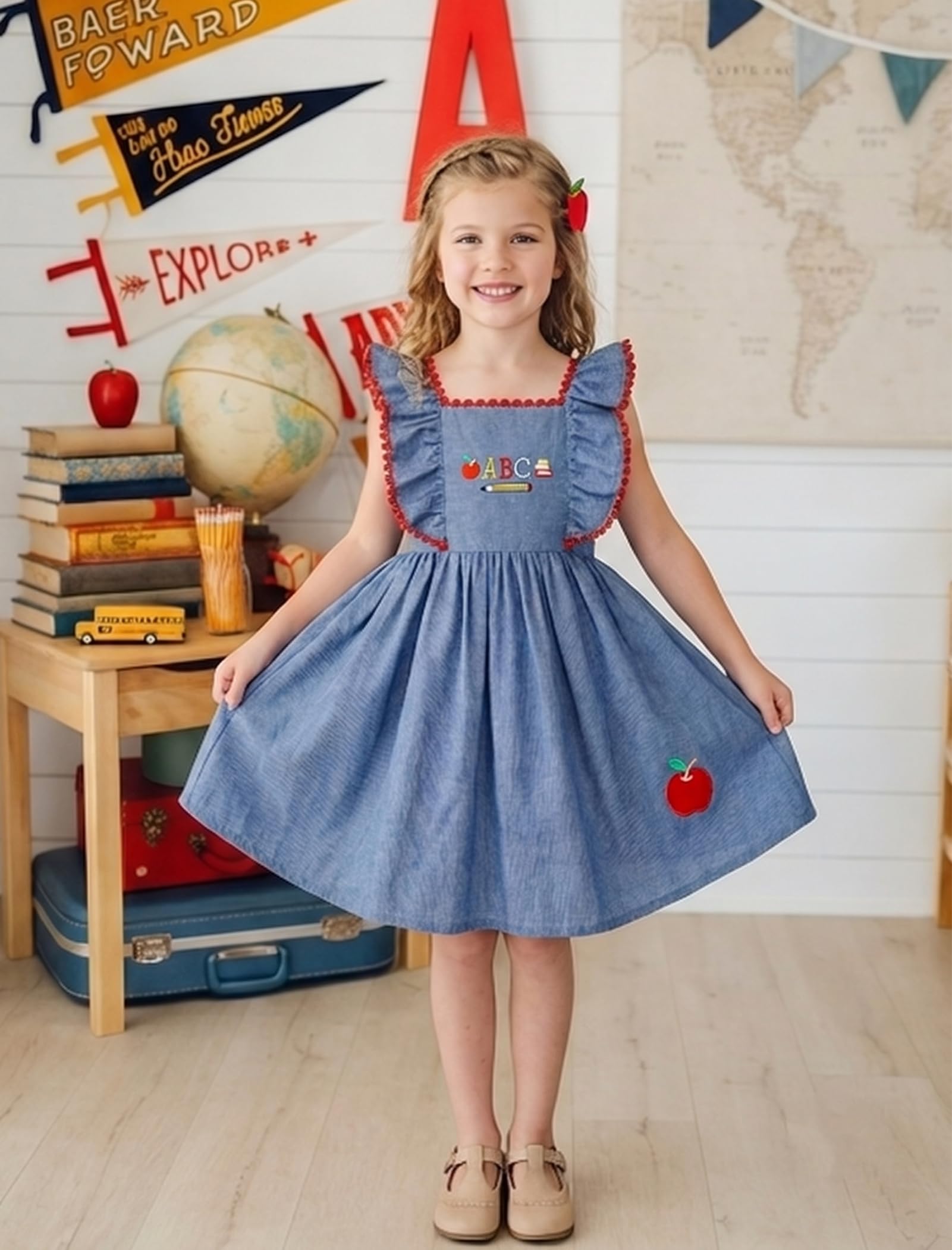 IMEKIS Toddler Kids Girls Back to School Dress Embroidered Apple Pencil Ruffle Sleeve Clothes 3-8T