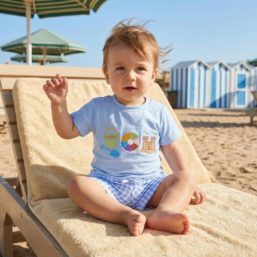 Bagilaanoe Toddler Baby Boy Short Sleeve T-Shirt+ Plaid Shorts Set Castle Embroidery Outfit Beach Clothes 2PCS Set