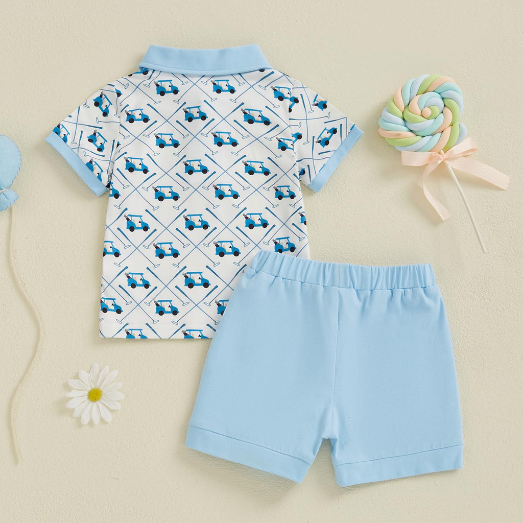 Chloefairy Toddler Baby Boy Golf Outfit Short Sleeve Golf Cart Polo T Shirts Top Shorts Set 2Pcs Golf Theme Summer Clothes