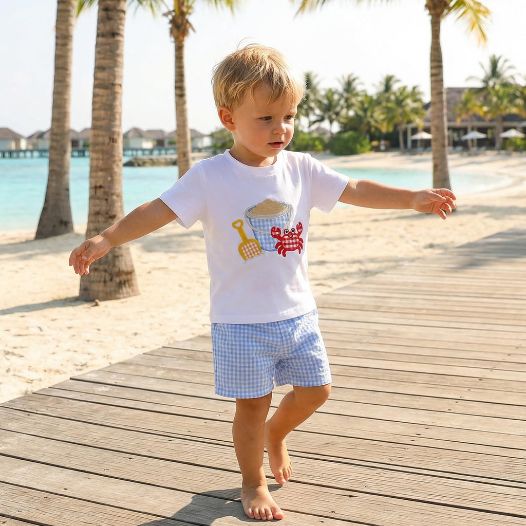 Bagilaanoe Toddler Baby Boy Short Sleeve T-Shirt+ Plaid Shorts Set Castle Embroidery Outfit Beach Clothes 2PCS Set
