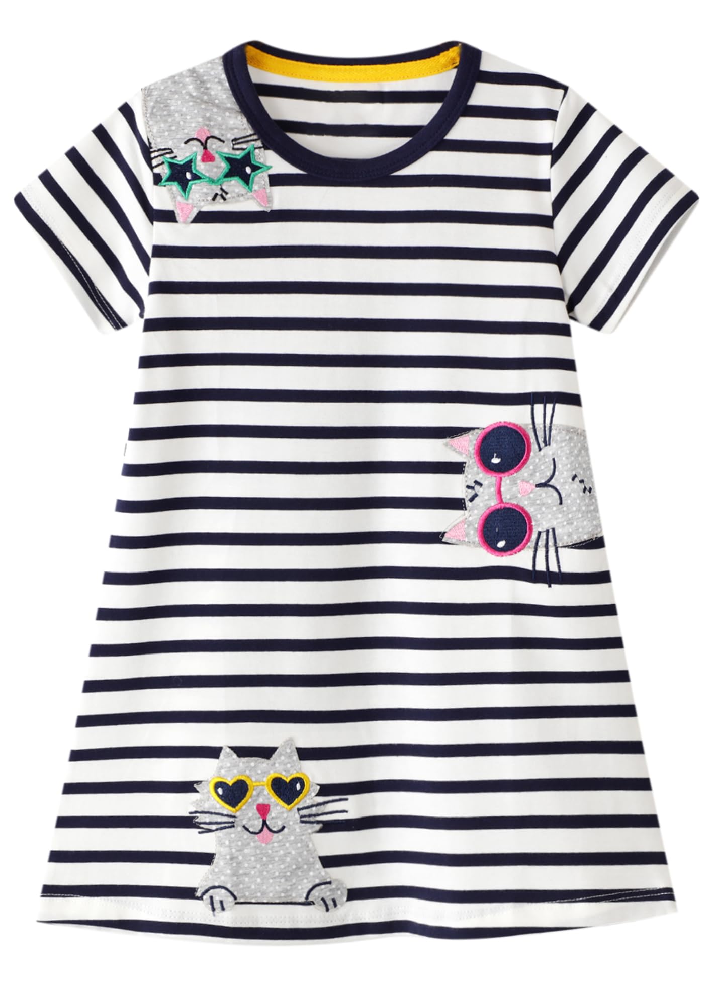 FreeLu Toddler Girls Striped Summer Dress Cartoon Appliques Dresses Girls Cotton Casual Clothing 2-7Y
