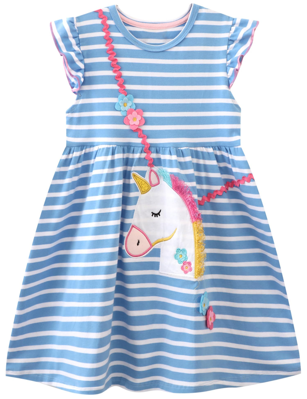FreeLu Toddler Girls Striped Summer Dress Cartoon Appliques Dresses Girls Cotton Casual Clothing 2-7Y