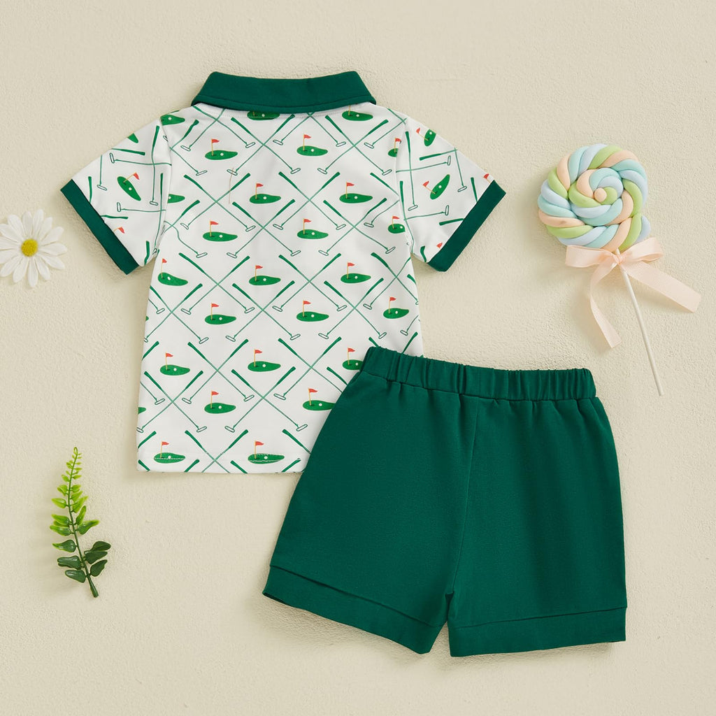 Chloefairy Toddler Baby Boy Golf Outfit Short Sleeve Golf Cart Polo T Shirts Top Shorts Set 2Pcs Golf Theme Summer Clothes