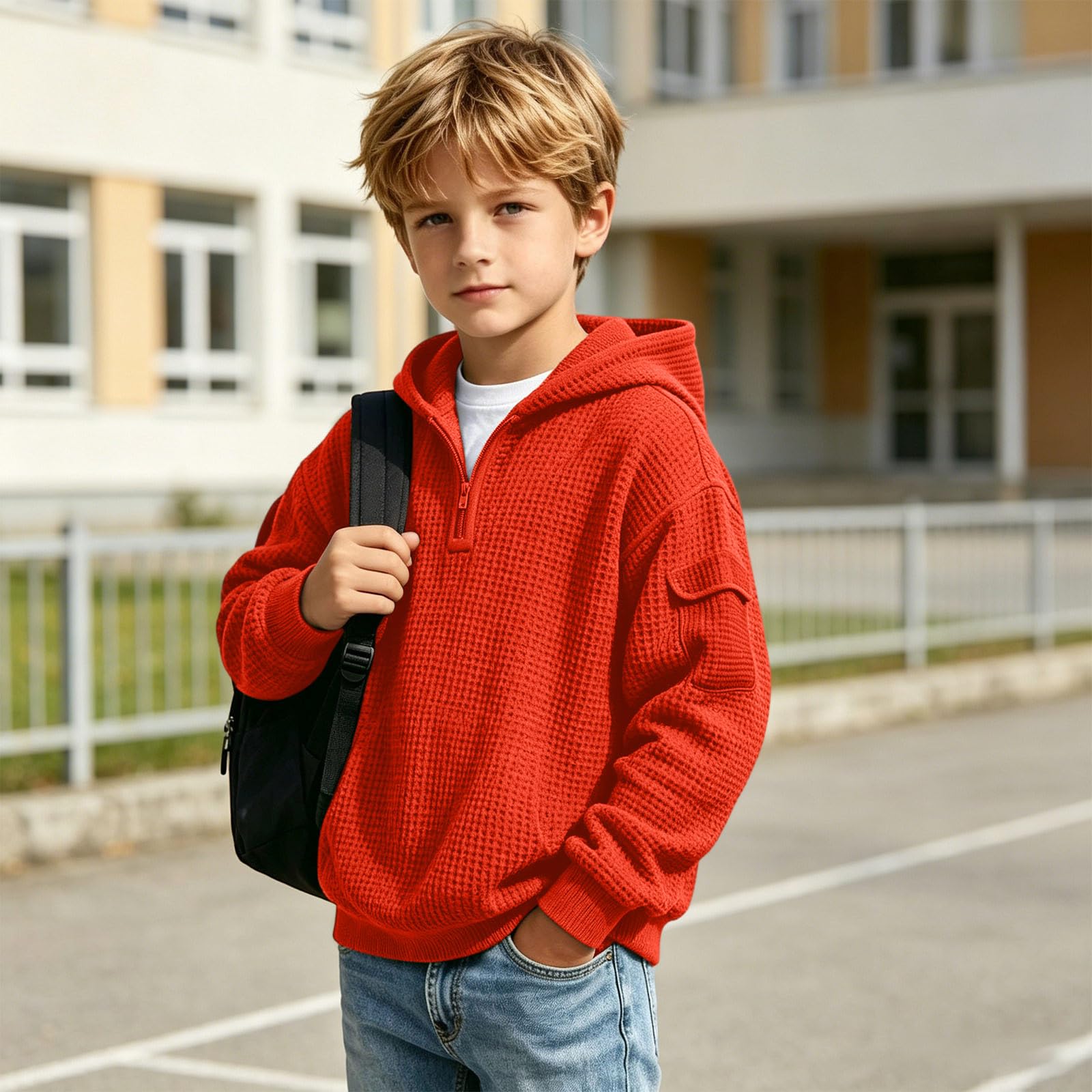 Hoodies for Boys Quarter Zip Waffle Knit Pullover Hooded Sweatshirt Tops | 3-14 Years,Kids Zip Long Sleeve Hoodie,Teen Boy Fashion Fall Winter Casual Sweatshirts,Back to School Clothes