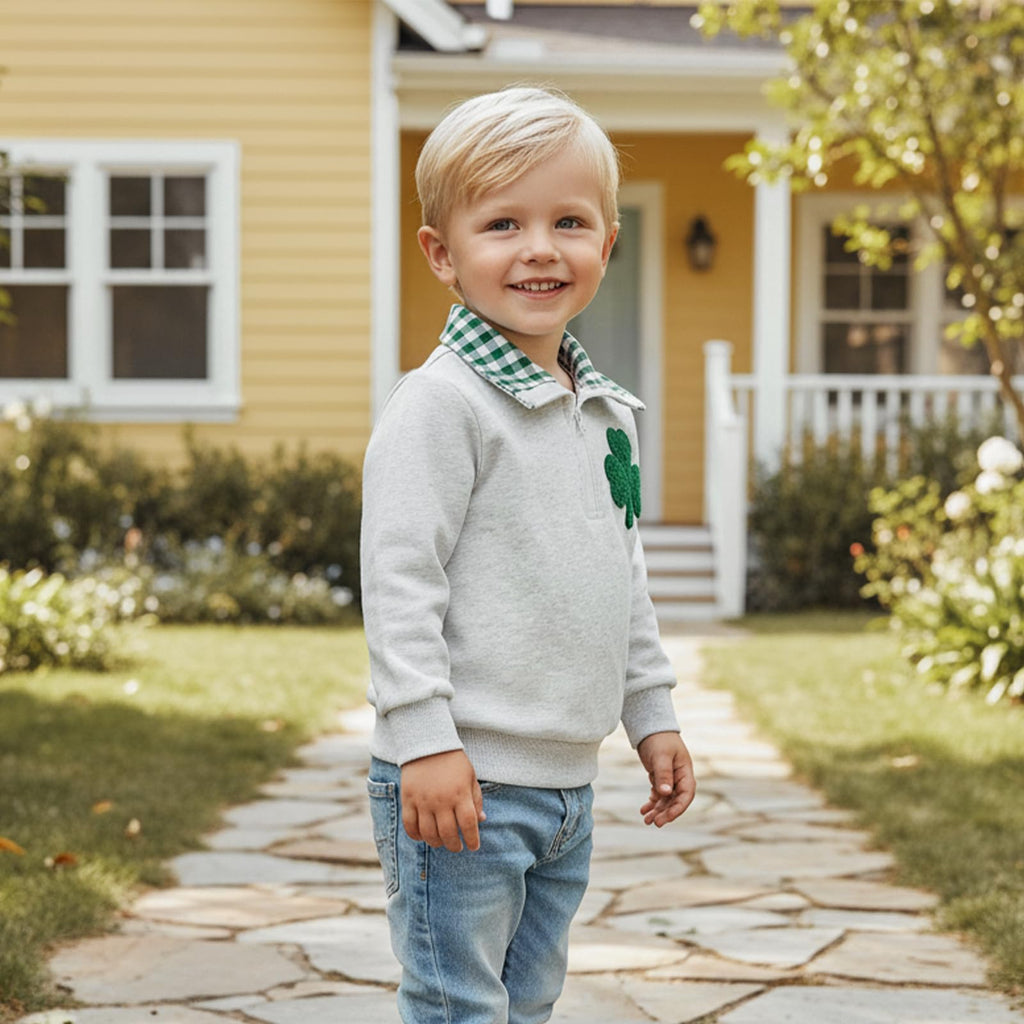 Toddler Boy Girl Christmas Outfit Quarter Zip Sweatshirt with Plaid Collar Shirt Pullover Top
