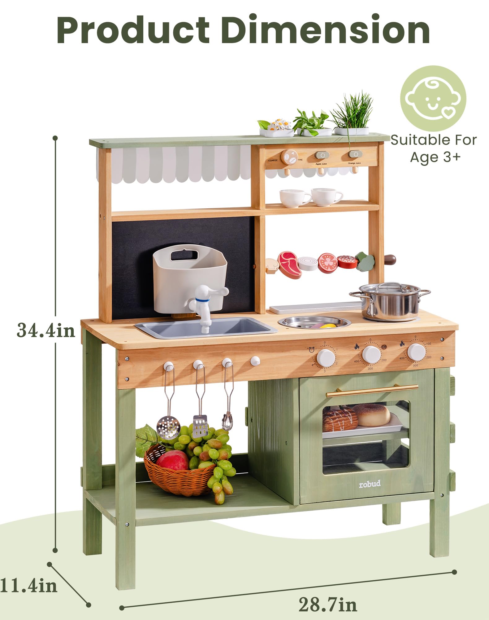 ROBUD Mud Kitchen for Kids Outdoor, BBQ Grill Solid Wood Outdoor Play Kitchen, Green Kids Mud Kitchen with Working Water Tap, Blackboard, Garden Sink, Monteeori Toys for Children Ages 3+, WH003-2