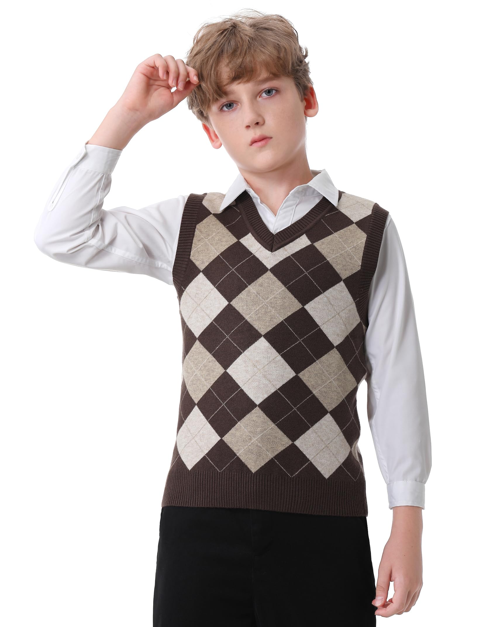 Boys Sweater Vest V Neck Argyle Sleeveless Uniform Knit Plaid Kids Clothes