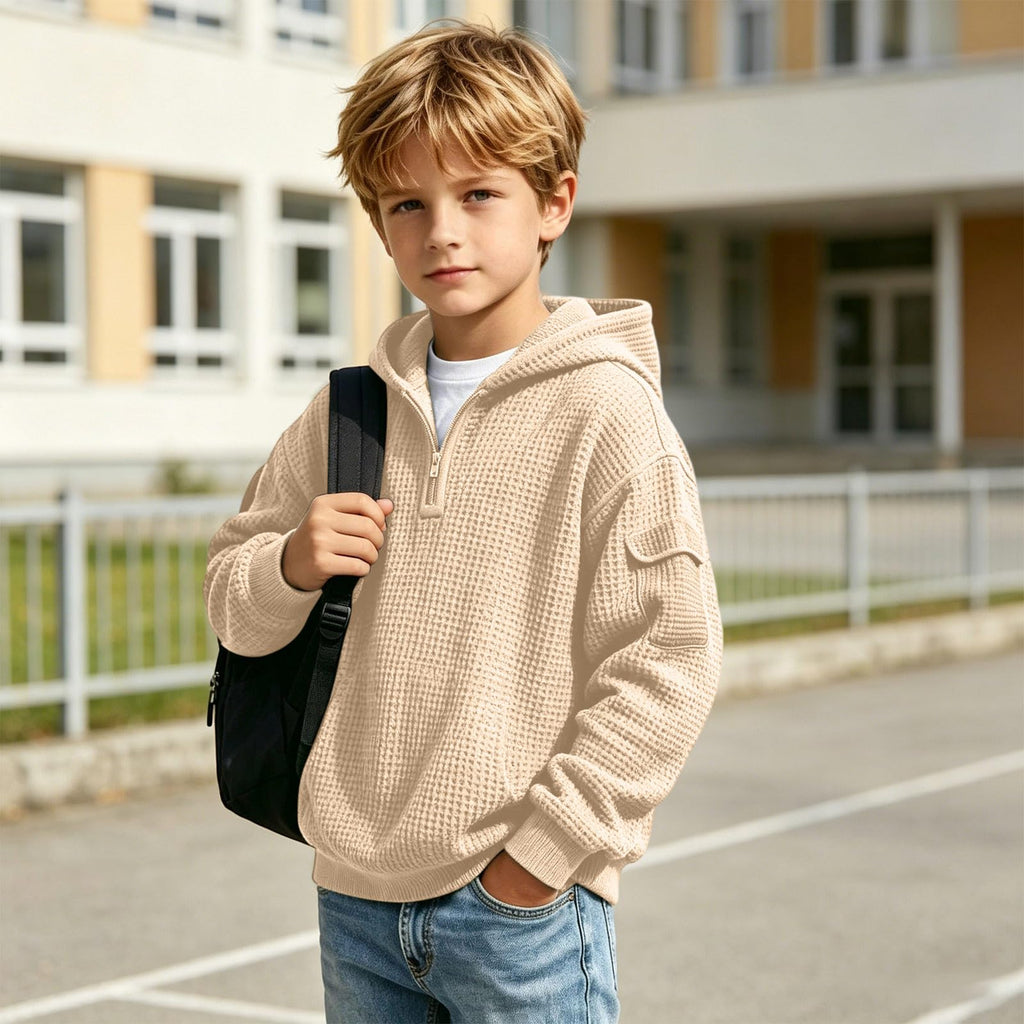 Hoodies for Boys Quarter Zip Waffle Knit Pullover Hooded Sweatshirt Tops | 3-14 Years,Kids Zip Long Sleeve Hoodie,Teen Boy Fashion Fall Winter Casual Sweatshirts,Back to School Clothes