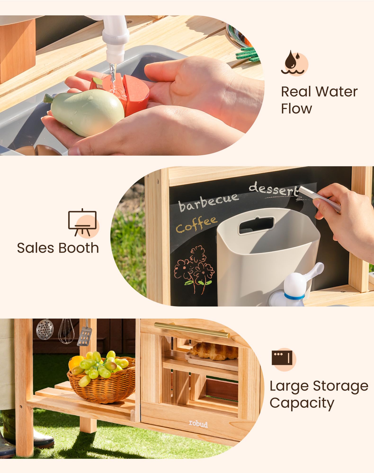 ROBUD Mud Kitchen for Kids Outdoor, BBQ Grill Solid Wood Outdoor Play Kitchen, Green Kids Mud Kitchen with Working Water Tap, Blackboard, Garden Sink, Monteeori Toys for Children Ages 3+, WH003-2
