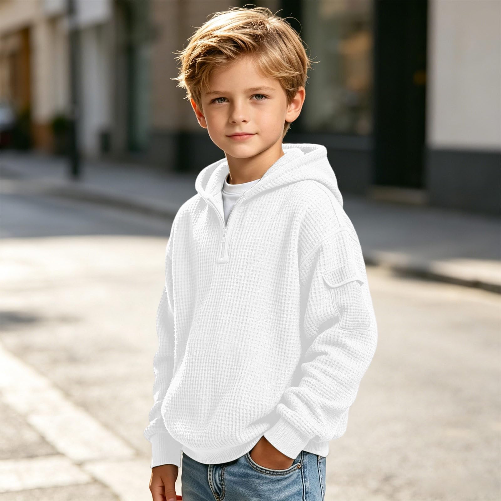 Hoodies for Boys Quarter Zip Waffle Knit Pullover Hooded Sweatshirt Tops | 3-14 Years,Kids Zip Long Sleeve Hoodie,Teen Boy Fashion Fall Winter Casual Sweatshirts,Back to School Clothes
