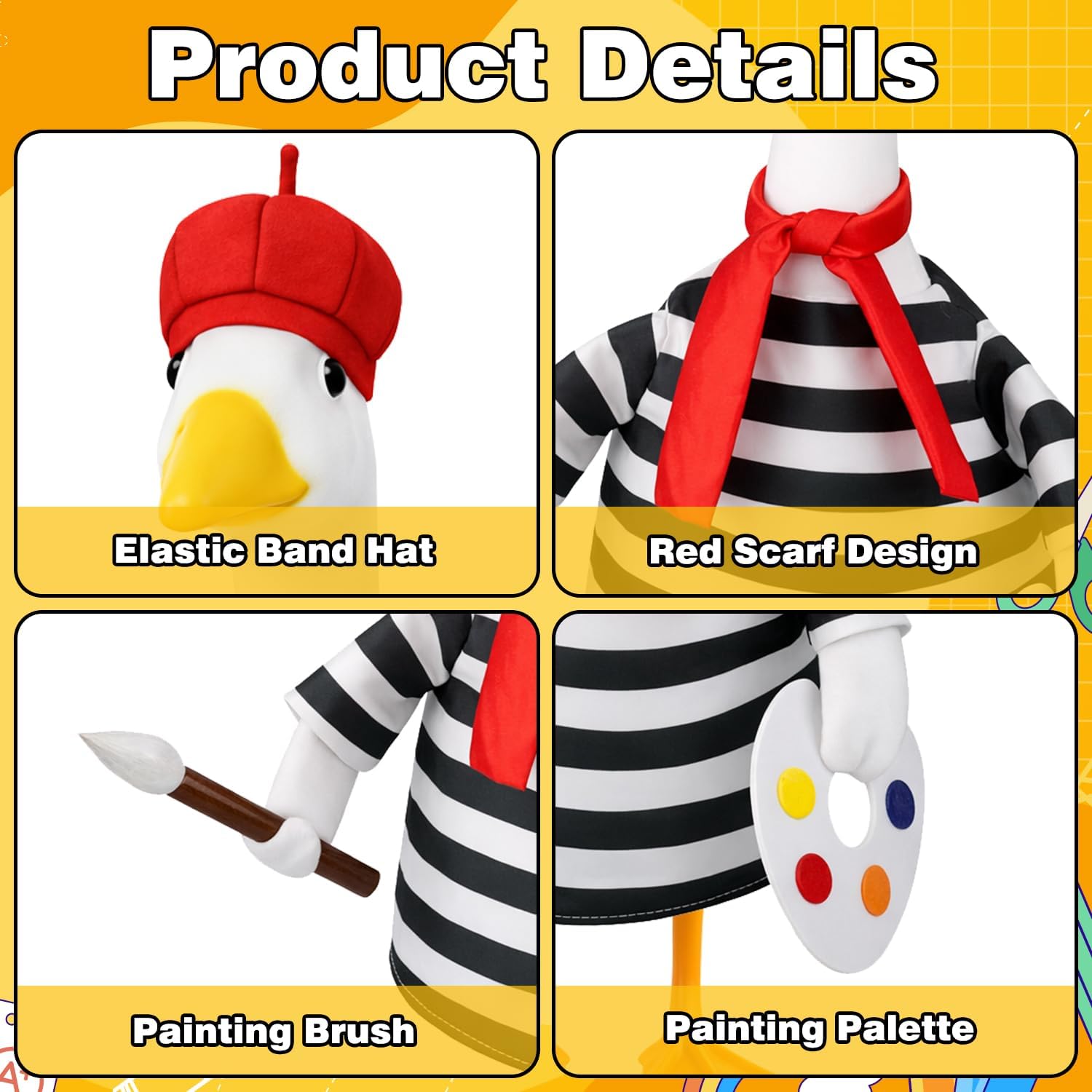 Back to School Porch Goose Outfit Artist Goose Costume for Outdoor Decor | Fits 23'' Plastic/Cement Statues, with Beret Hat Red Scarf Black White Striped Goose Clothes for Lawn Patio Yard Decor