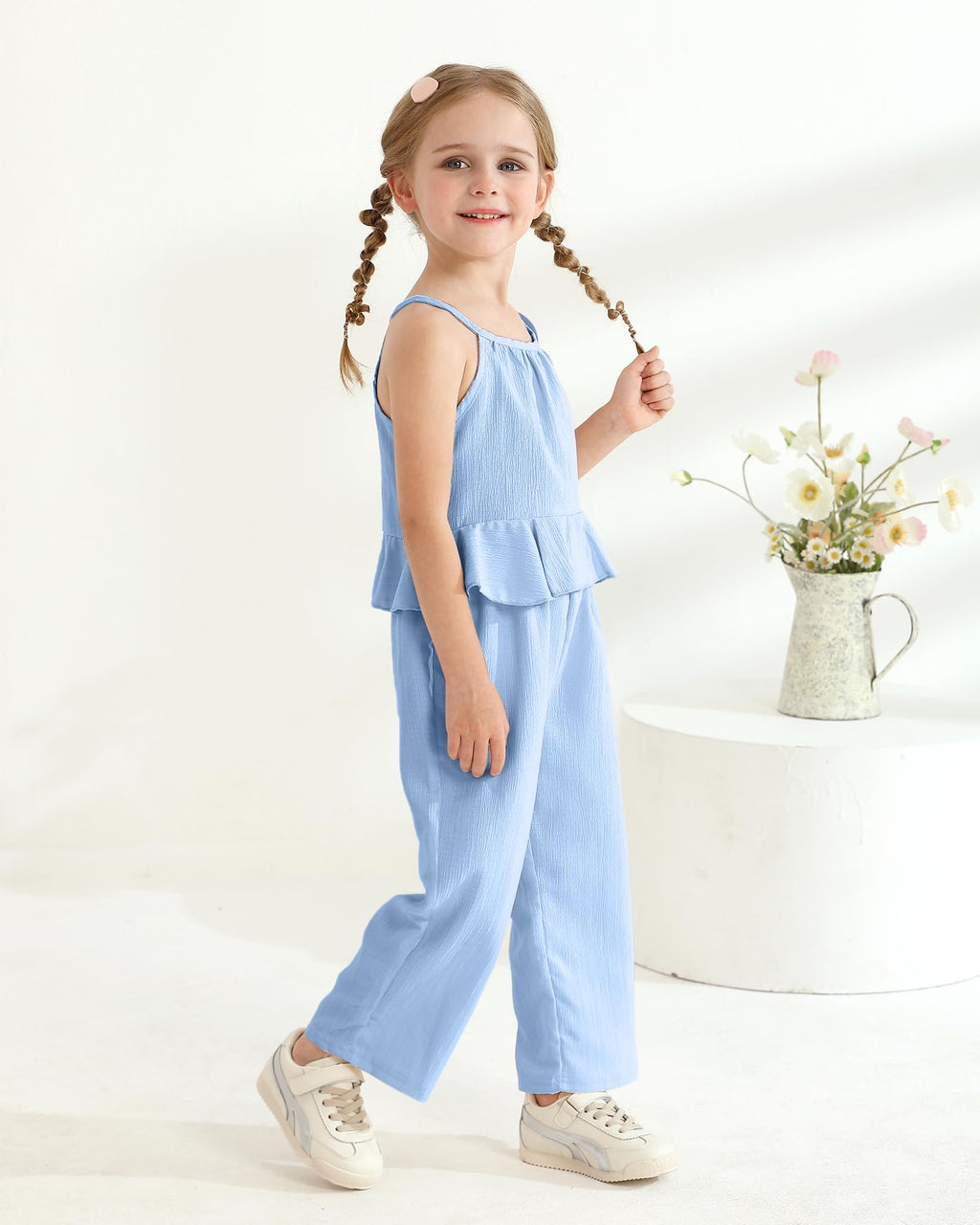 Kucnuzki Baby Girl Clothes Toddler Girl Summer Outfits Sleeveless Ruffle Halter Tops Wide Leg Pants Kids Clothing Set