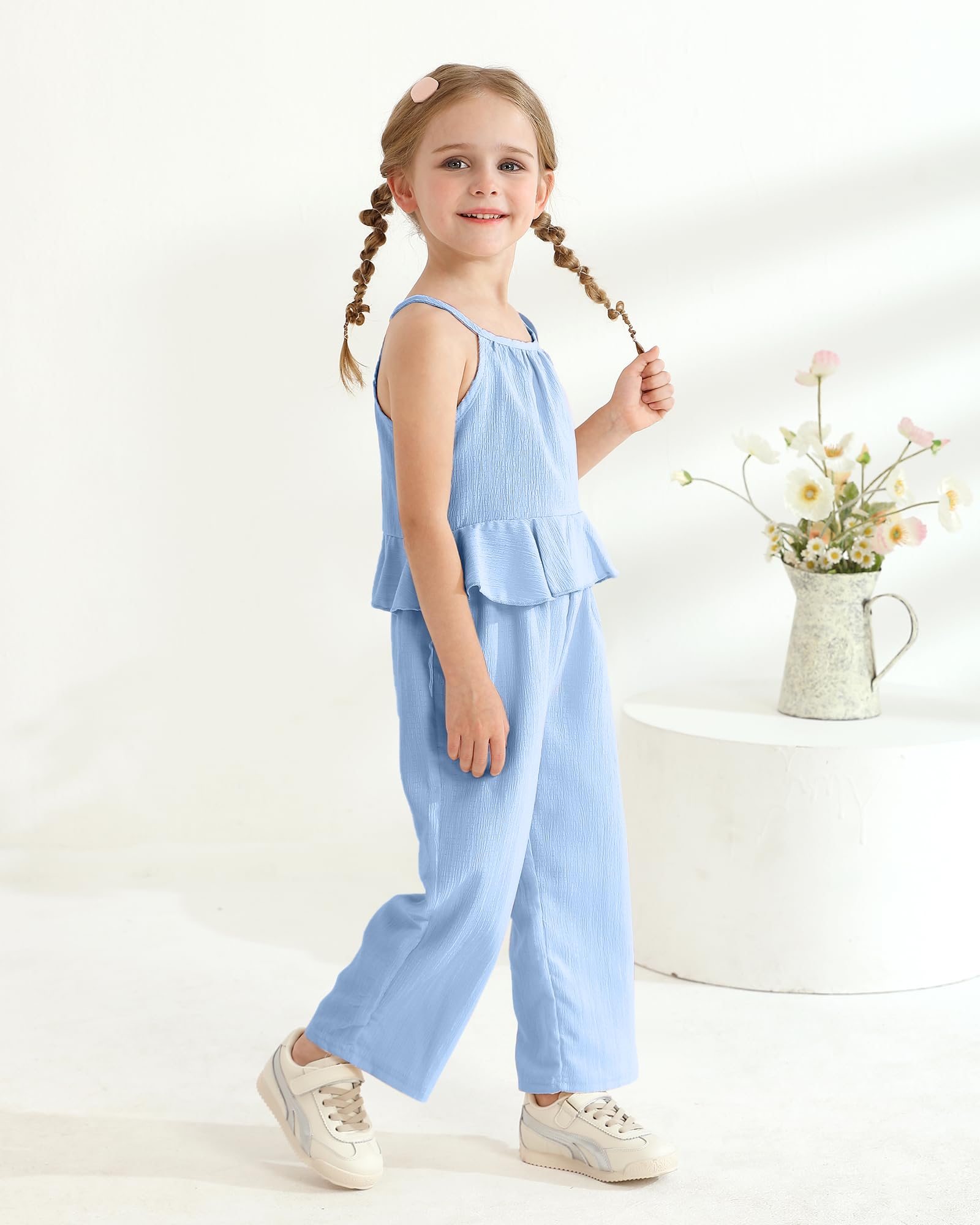 Kucnuzki Baby Girl Clothes Toddler Girl Summer Outfits Sleeveless Ruffle Halter Tops Wide Leg Pants Kids Clothing Set