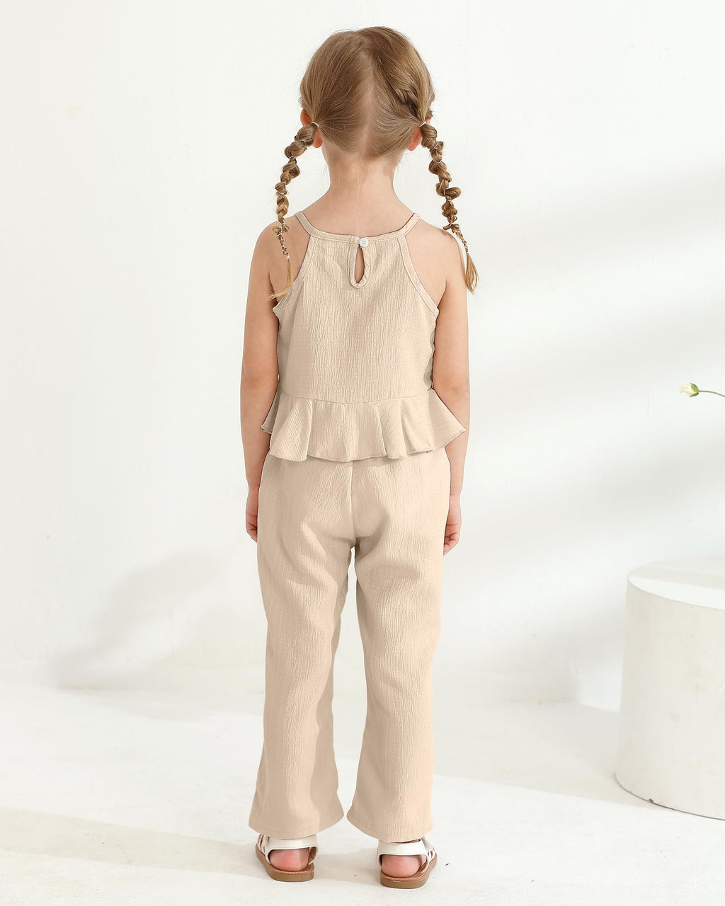 Kucnuzki Baby Girl Clothes Toddler Girl Summer Outfits Sleeveless Ruffle Halter Tops Wide Leg Pants Kids Clothing Set