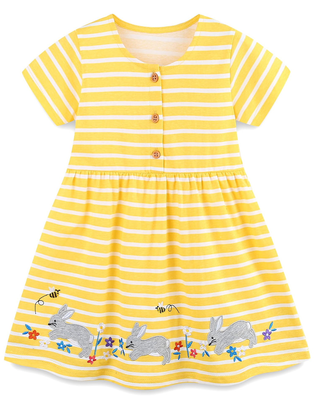 FreeLu Toddler Girls Striped Summer Dress Cartoon Appliques Dresses Girls Cotton Casual Clothing 2-7Y