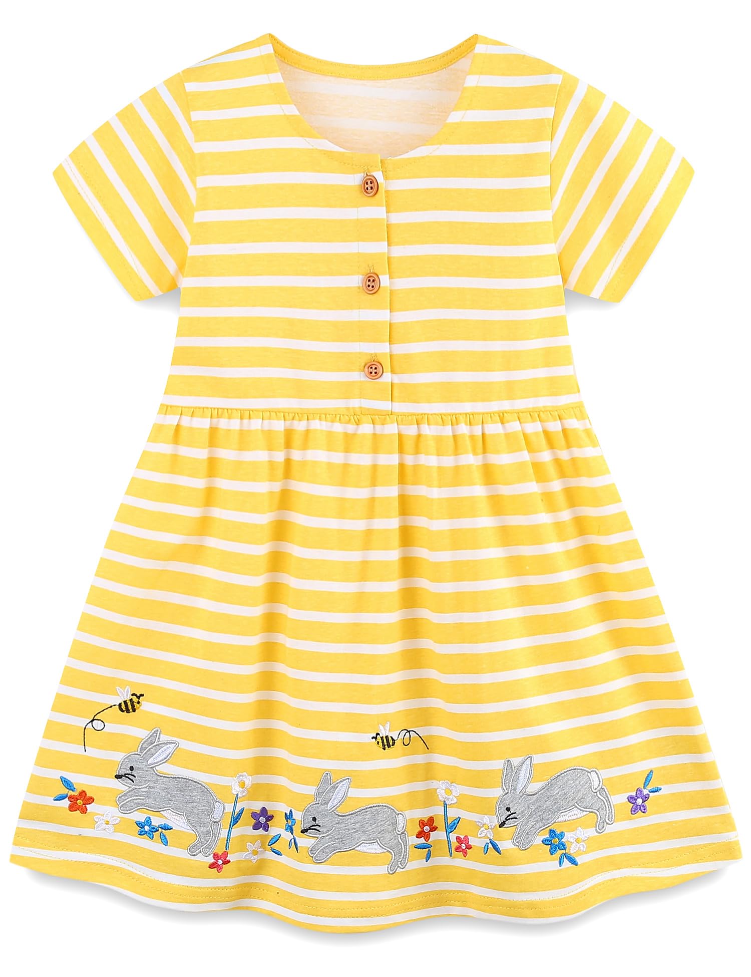 FreeLu Toddler Girls Striped Summer Dress Cartoon Appliques Dresses Girls Cotton Casual Clothing 2-7Y