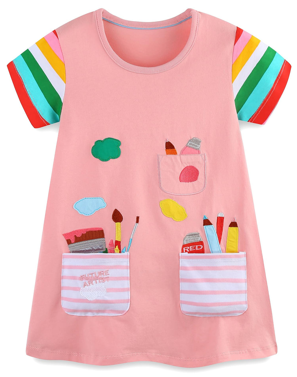 FreeLu Toddler Girls Striped Summer Dress Cartoon Appliques Dresses Girls Cotton Casual Clothing 2-7Y