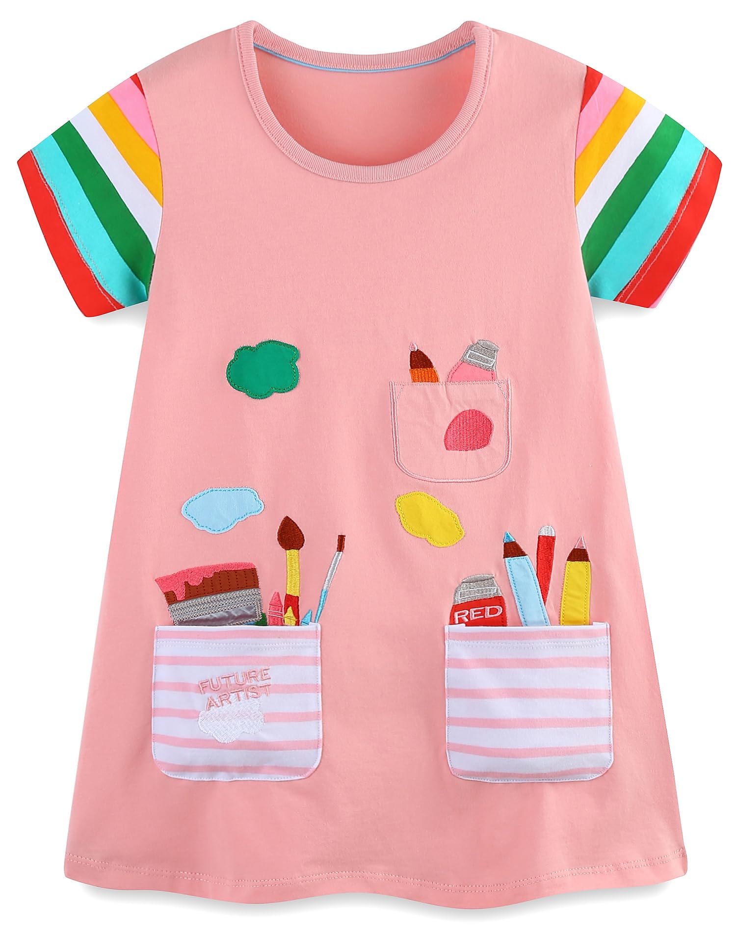 FreeLu Toddler Girls Striped Summer Dress Cartoon Appliques Dresses Girls Cotton Casual Clothing 2-7Y