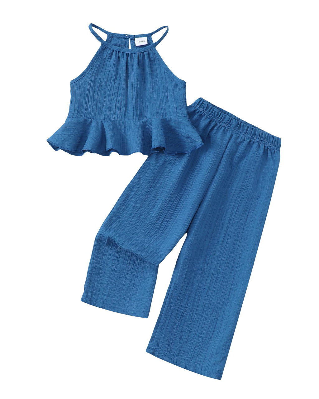 Kucnuzki Baby Girl Clothes Toddler Girl Summer Outfits Sleeveless Ruffle Halter Tops Wide Leg Pants Kids Clothing Set