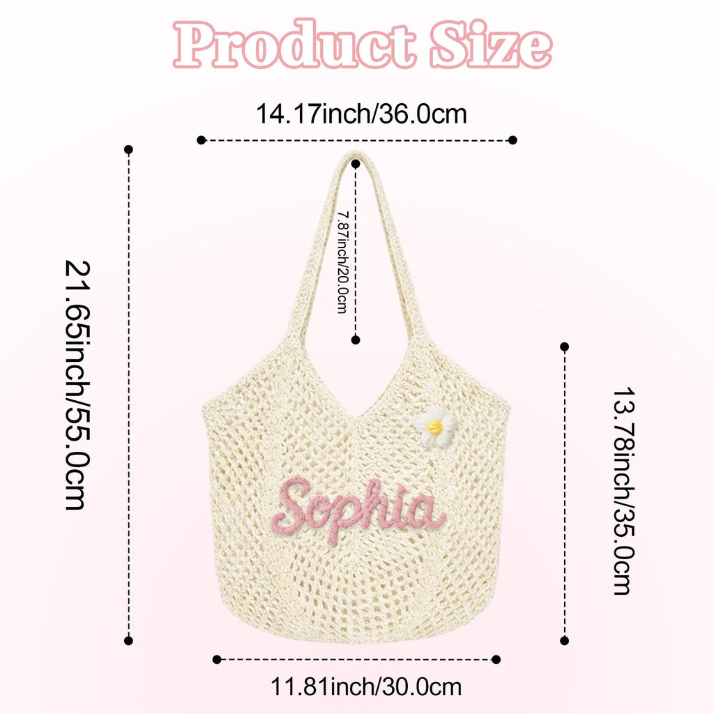 Terwex Personalized Crochet Beach Bag for Women, Boho Summer Bag with Name & Pattern, Foldable Lightweight Travel Bag Gifts
