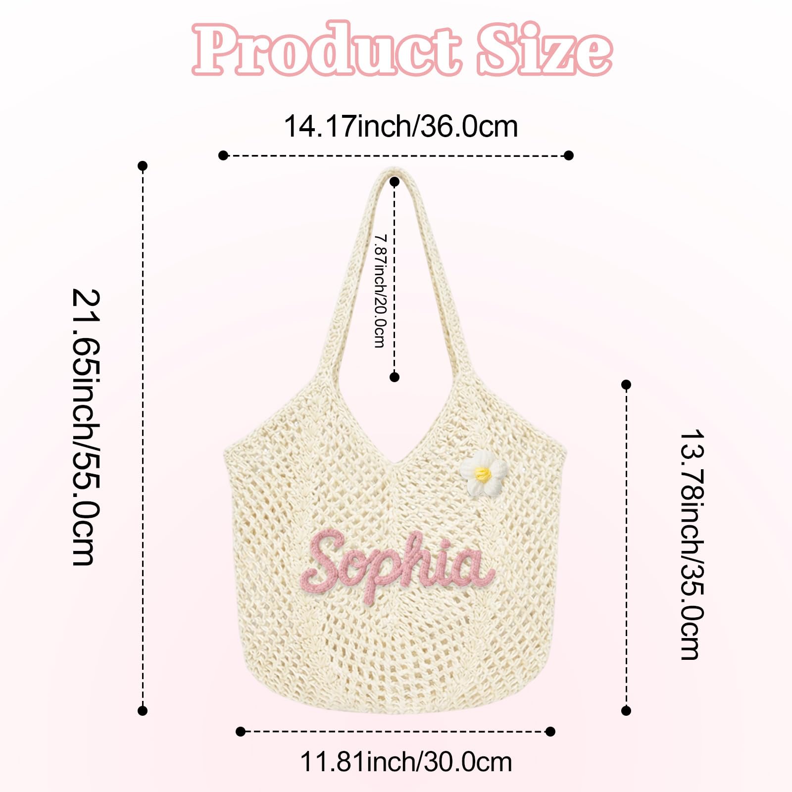Terwex Personalized Crochet Beach Bag for Women, Boho Summer Bag with Name & Pattern, Foldable Lightweight Travel Bag Gifts