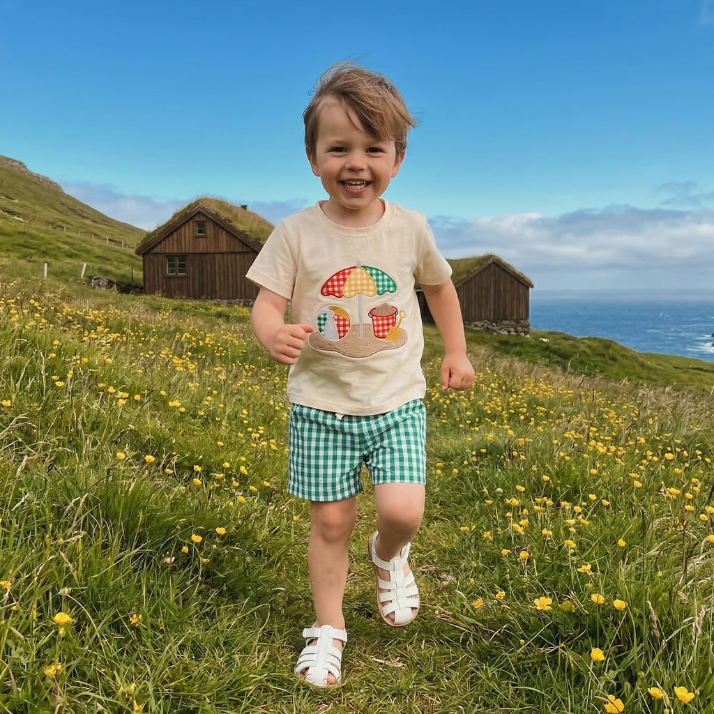 Bagilaanoe Toddler Baby Boy Short Sleeve T-Shirt+ Plaid Shorts Set Castle Embroidery Outfit Beach Clothes 2PCS Set