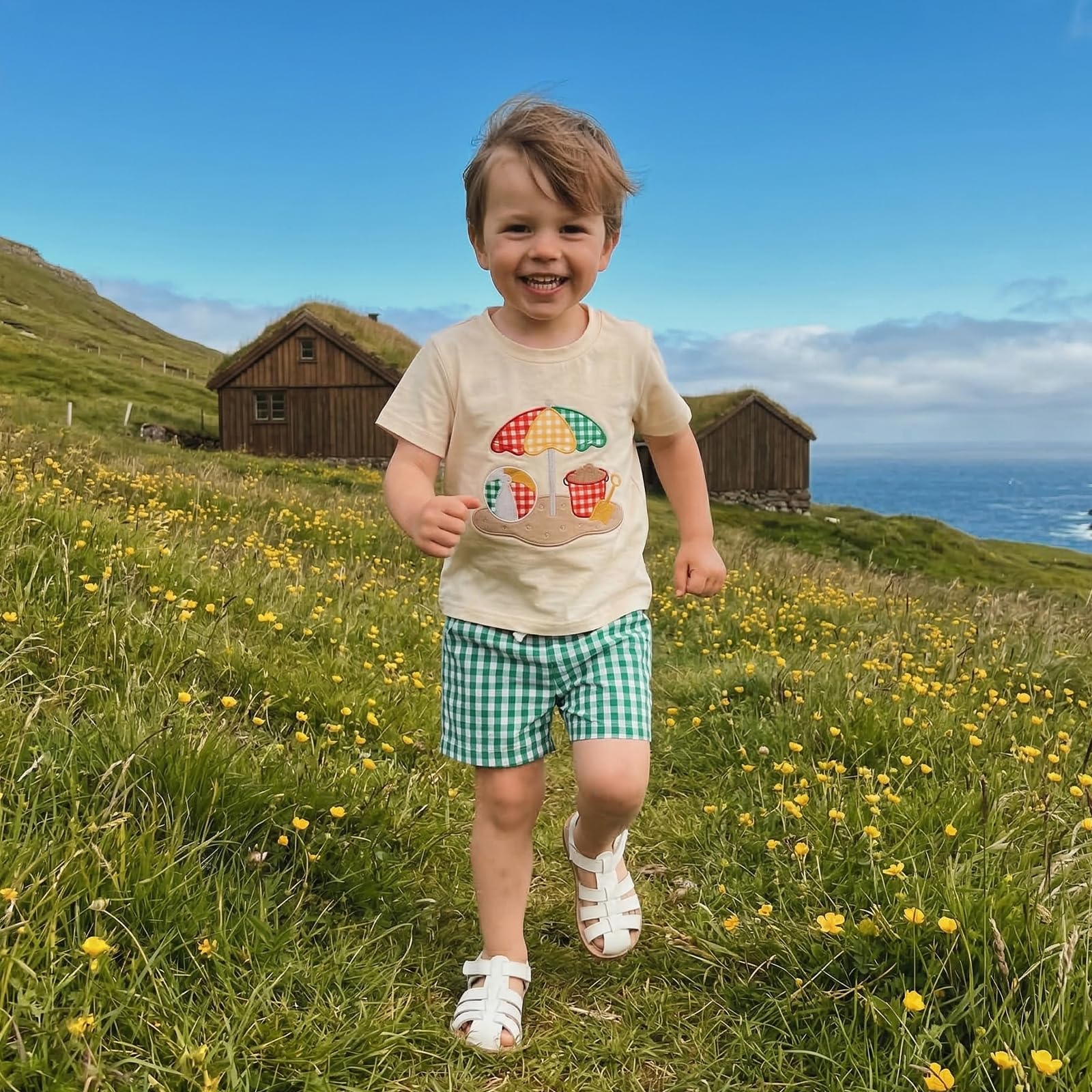 Bagilaanoe Toddler Baby Boy Short Sleeve T-Shirt+ Plaid Shorts Set Castle Embroidery Outfit Beach Clothes 2PCS Set