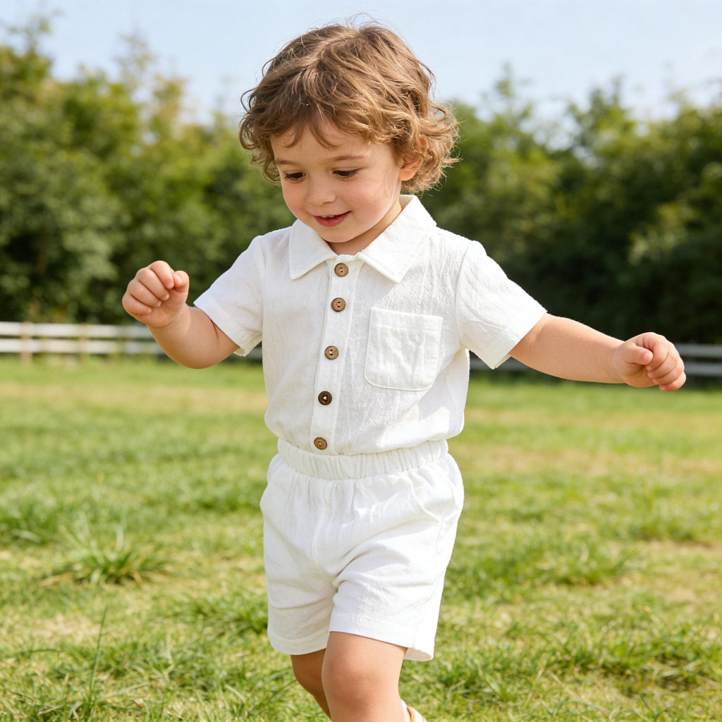 Toddler Boys Girls 2Pcs Linen Clothes Set Button Down Short Sleeve Polo Shirt+Elastic Gauze Shorts Summer Outfit
