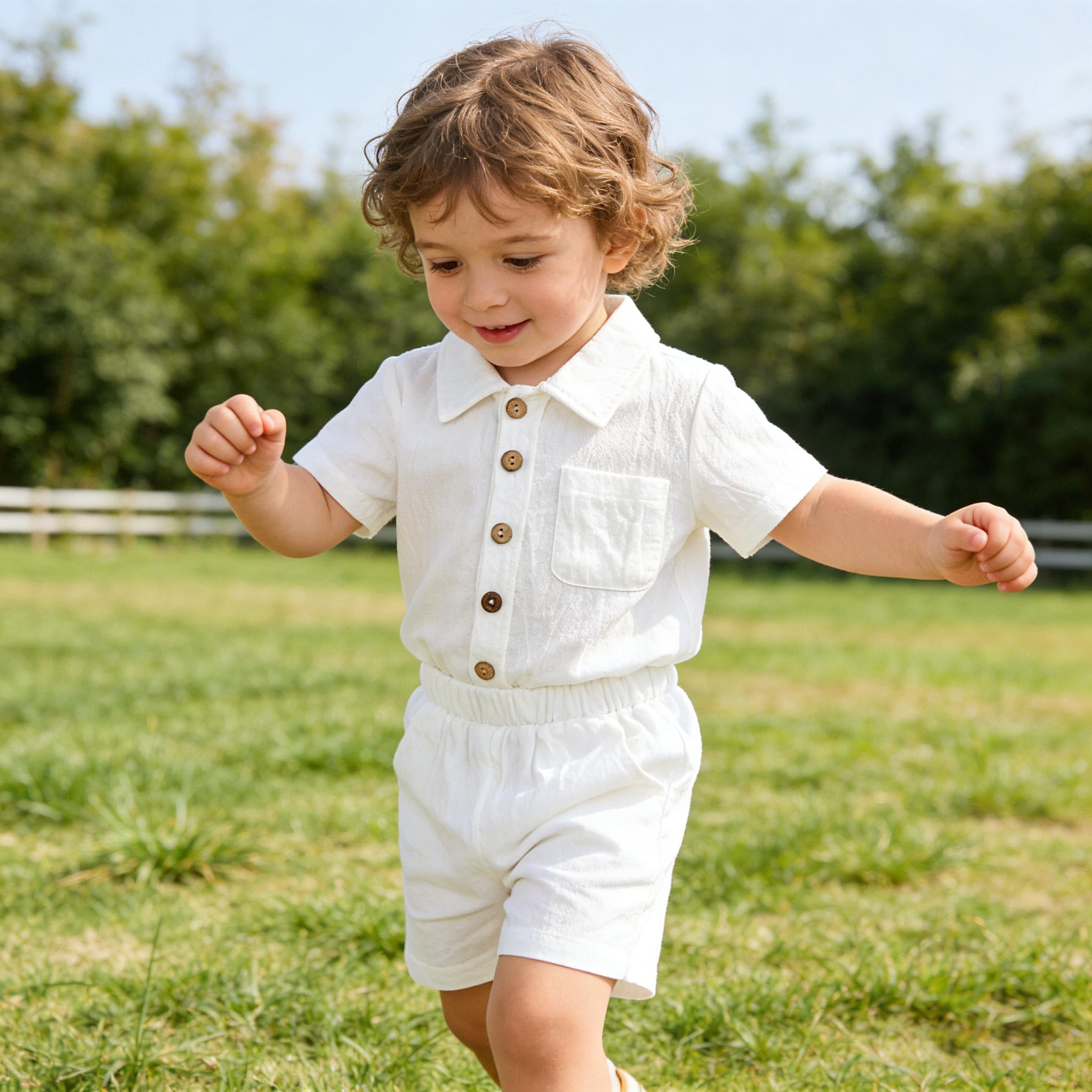 Toddler Boys Girls 2Pcs Linen Clothes Set Button Down Short Sleeve Polo Shirt+Elastic Gauze Shorts Summer Outfit