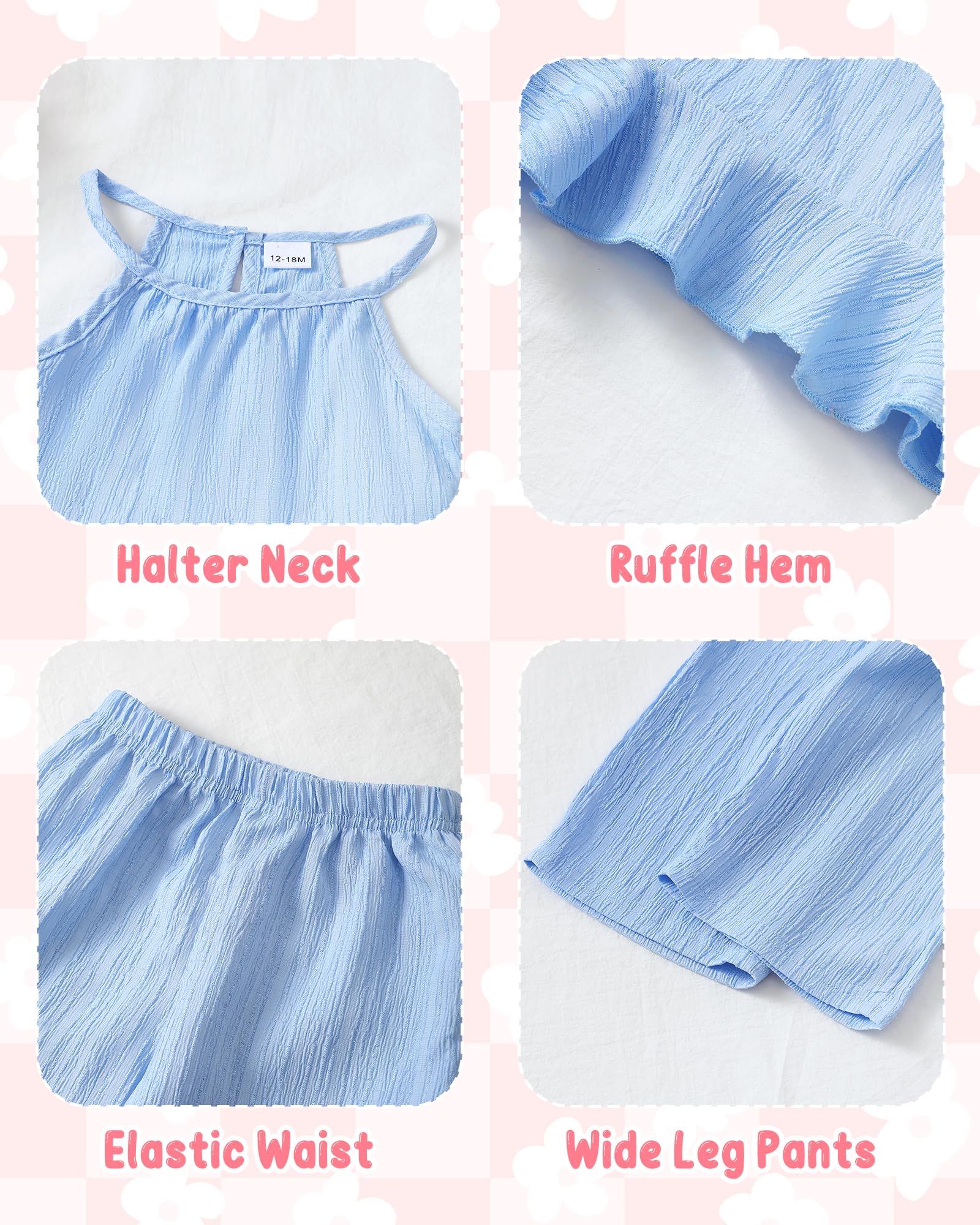Kucnuzki Baby Girl Clothes Toddler Girl Summer Outfits Sleeveless Ruffle Halter Tops Wide Leg Pants Kids Clothing Set