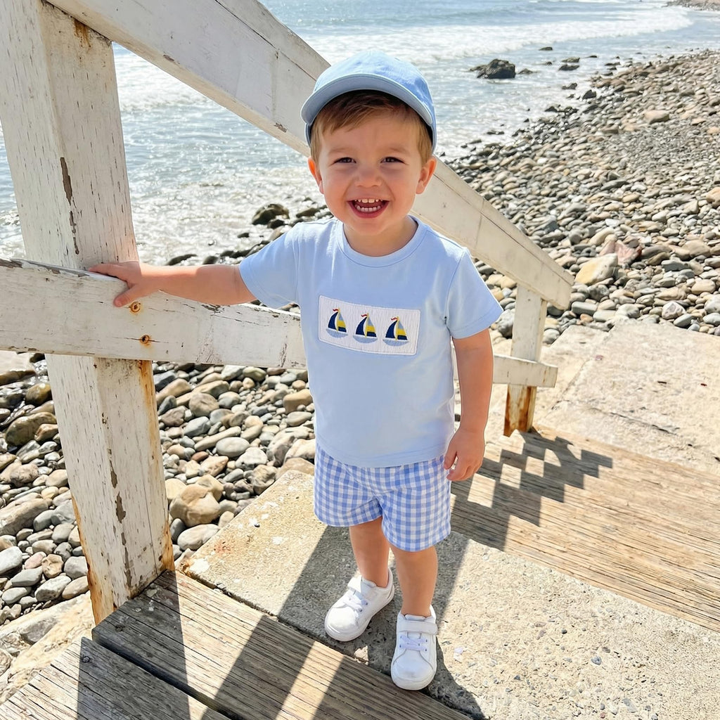 Bagilaanoe Toddler Baby Boy Short Sleeve T-Shirt+ Plaid Shorts Set Castle Embroidery Outfit Beach Clothes 2PCS Set
