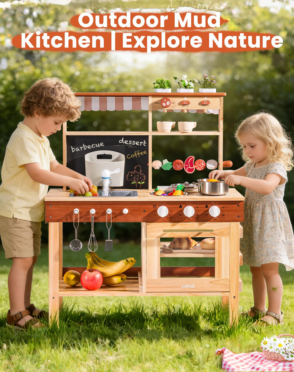 ROBUD Mud Kitchen for Kids Outdoor, BBQ Grill Solid Wood Outdoor Play Kitchen, Green Kids Mud Kitchen with Working Water Tap, Blackboard, Garden Sink, Monteeori Toys for Children Ages 3+, WH003-2