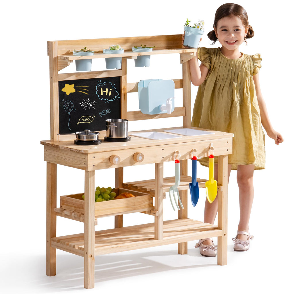 ROBUD Mud Kitchen for Kids Outdoor, BBQ Grill Solid Wood Outdoor Play Kitchen, Green Kids Mud Kitchen with Working Water Tap, Blackboard, Garden Sink, Monteeori Toys for Children Ages 3+, WH003-2