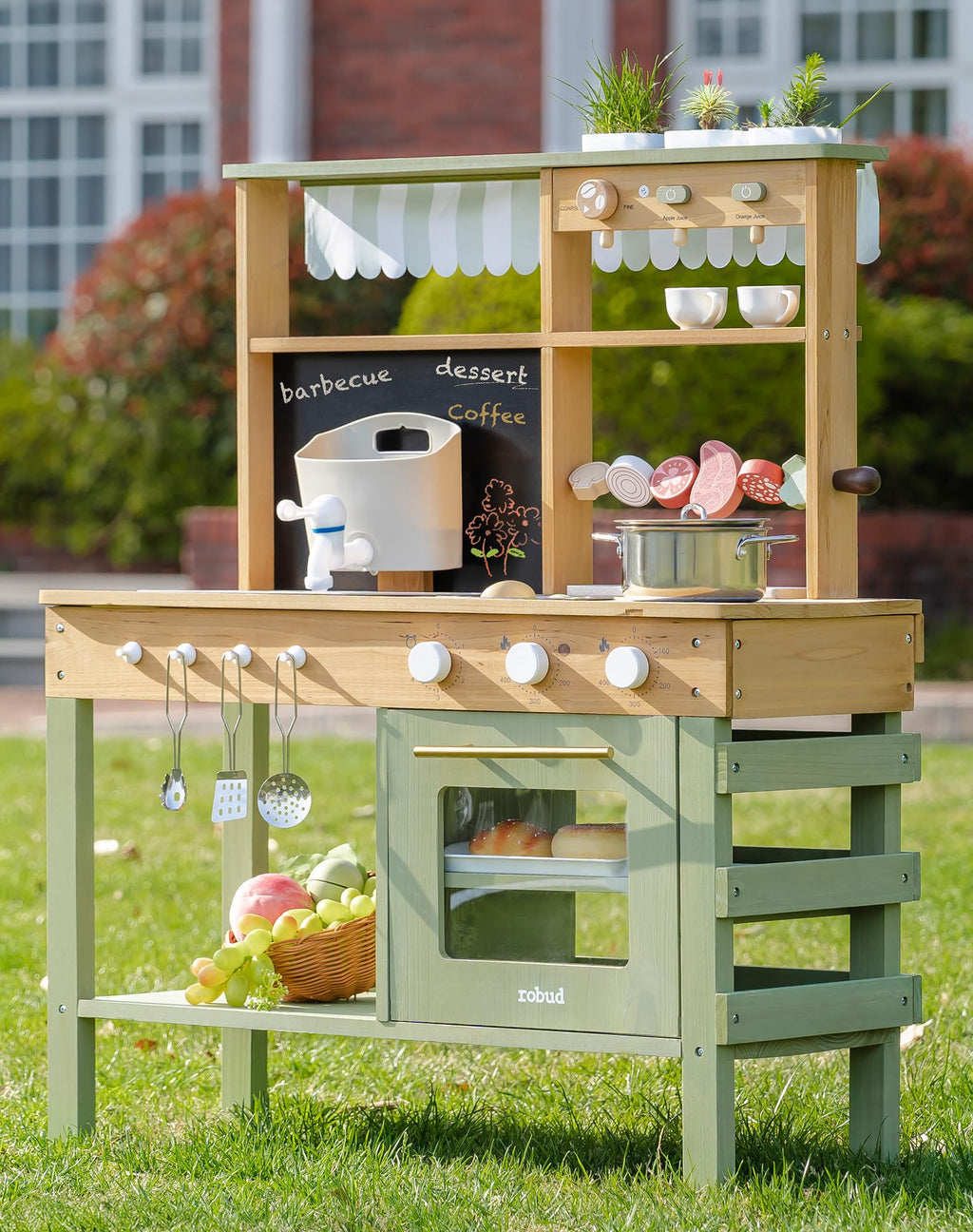 ROBUD Mud Kitchen for Kids Outdoor, BBQ Grill Solid Wood Outdoor Play Kitchen, Green Kids Mud Kitchen with Working Water Tap, Blackboard, Garden Sink, Monteeori Toys for Children Ages 3+, WH003-2