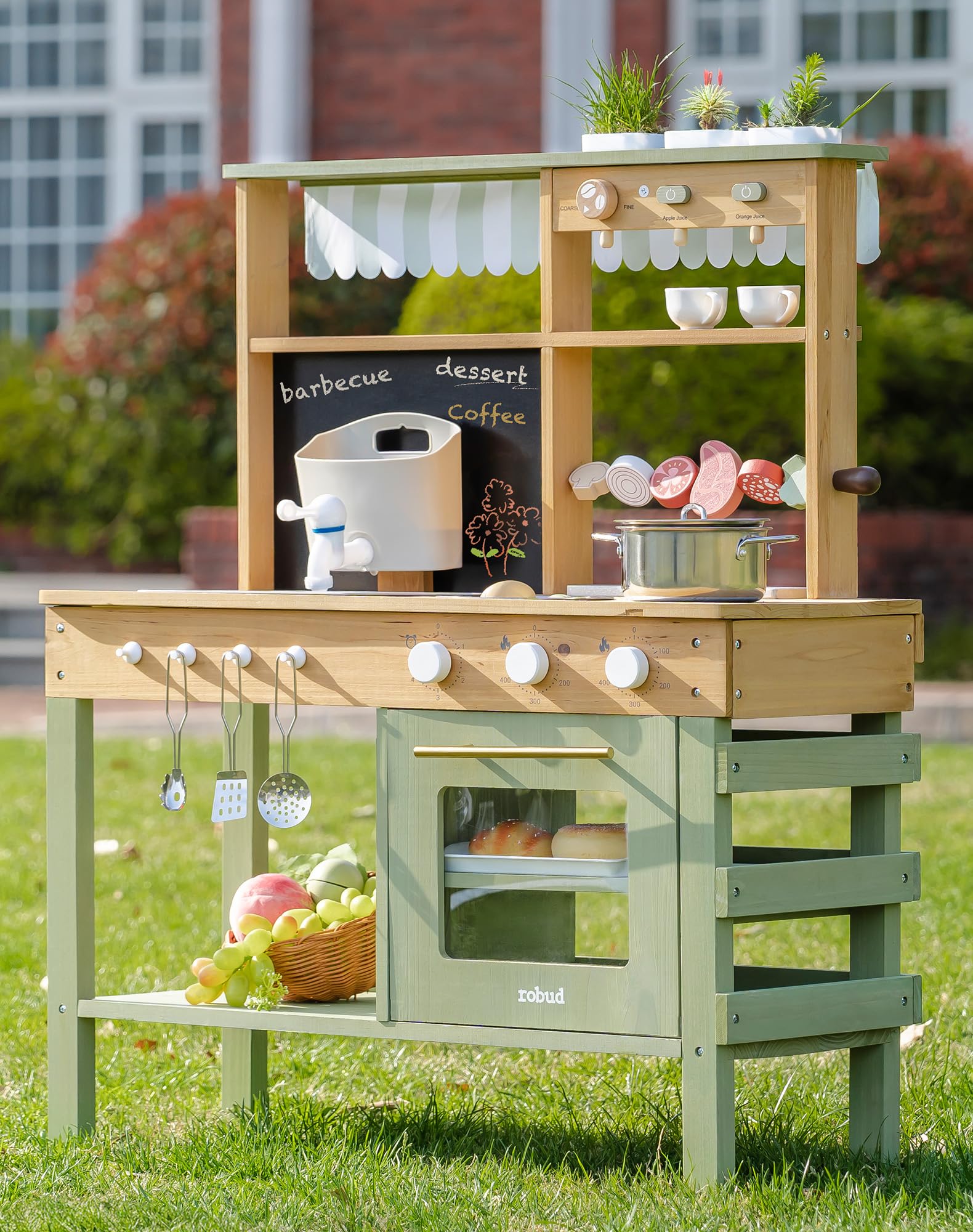 ROBUD Mud Kitchen for Kids Outdoor, BBQ Grill Solid Wood Outdoor Play Kitchen, Green Kids Mud Kitchen with Working Water Tap, Blackboard, Garden Sink, Monteeori Toys for Children Ages 3+, WH003-2