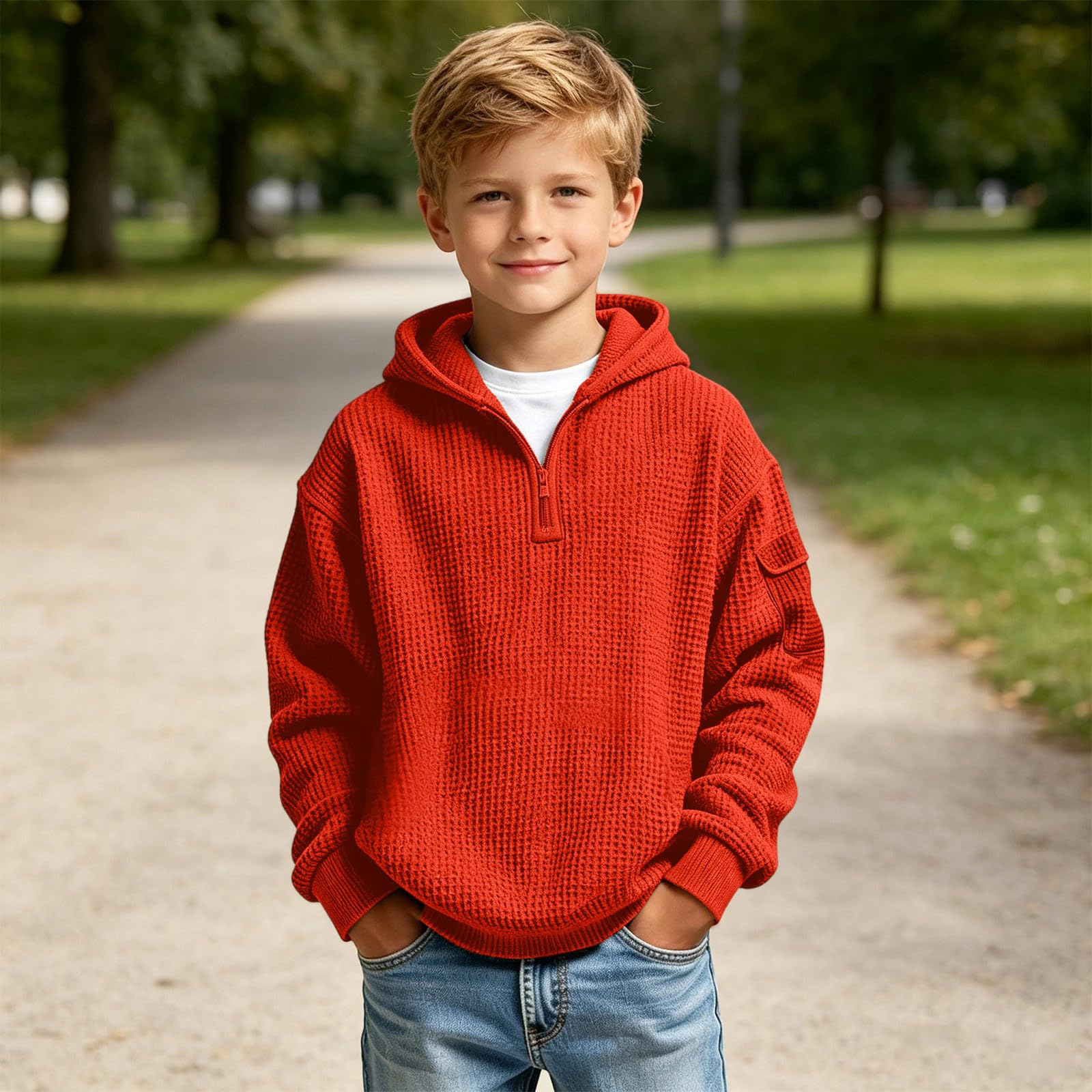 Hoodies for Boys Quarter Zip Waffle Knit Pullover Hooded Sweatshirt Tops | 3-14 Years,Kids Zip Long Sleeve Hoodie,Teen Boy Fashion Fall Winter Casual Sweatshirts,Back to School Clothes