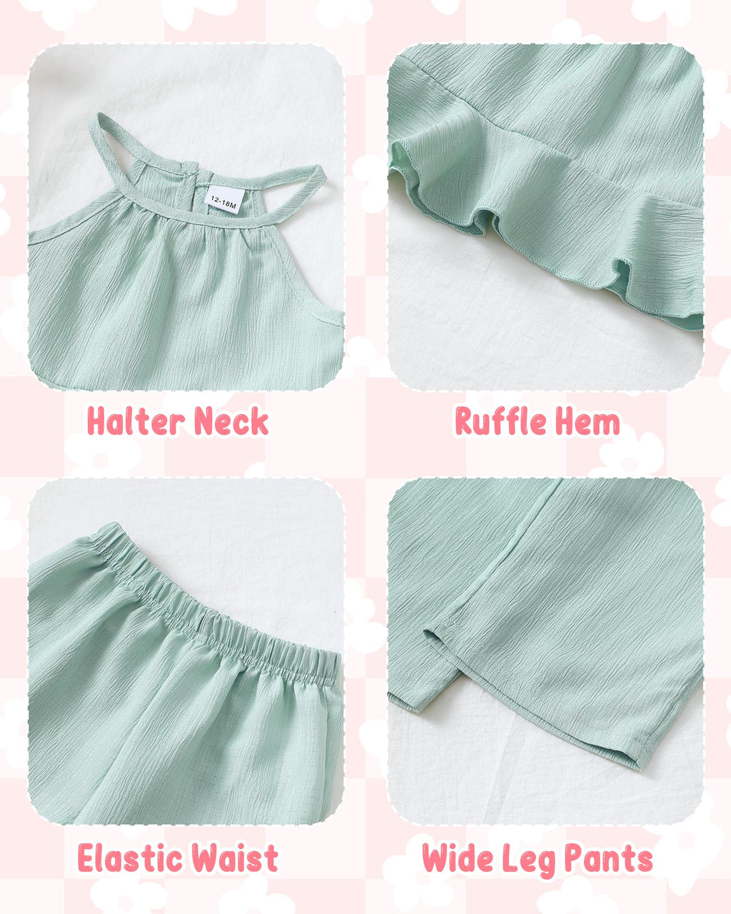 Kucnuzki Baby Girl Clothes Toddler Girl Summer Outfits Sleeveless Ruffle Halter Tops Wide Leg Pants Kids Clothing Set
