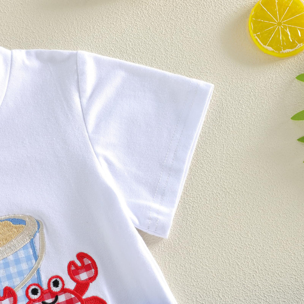 Bagilaanoe Toddler Baby Boy Short Sleeve T-Shirt+ Plaid Shorts Set Castle Embroidery Outfit Beach Clothes 2PCS Set