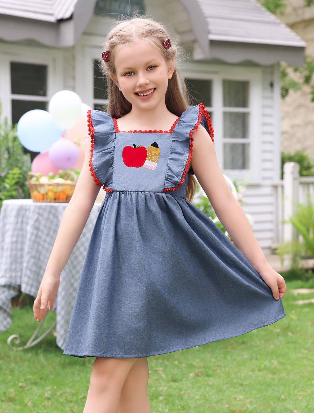 IMEKIS Toddler Kids Girls Back to School Dress Embroidered Apple Pencil Ruffle Sleeve Clothes 3-8T