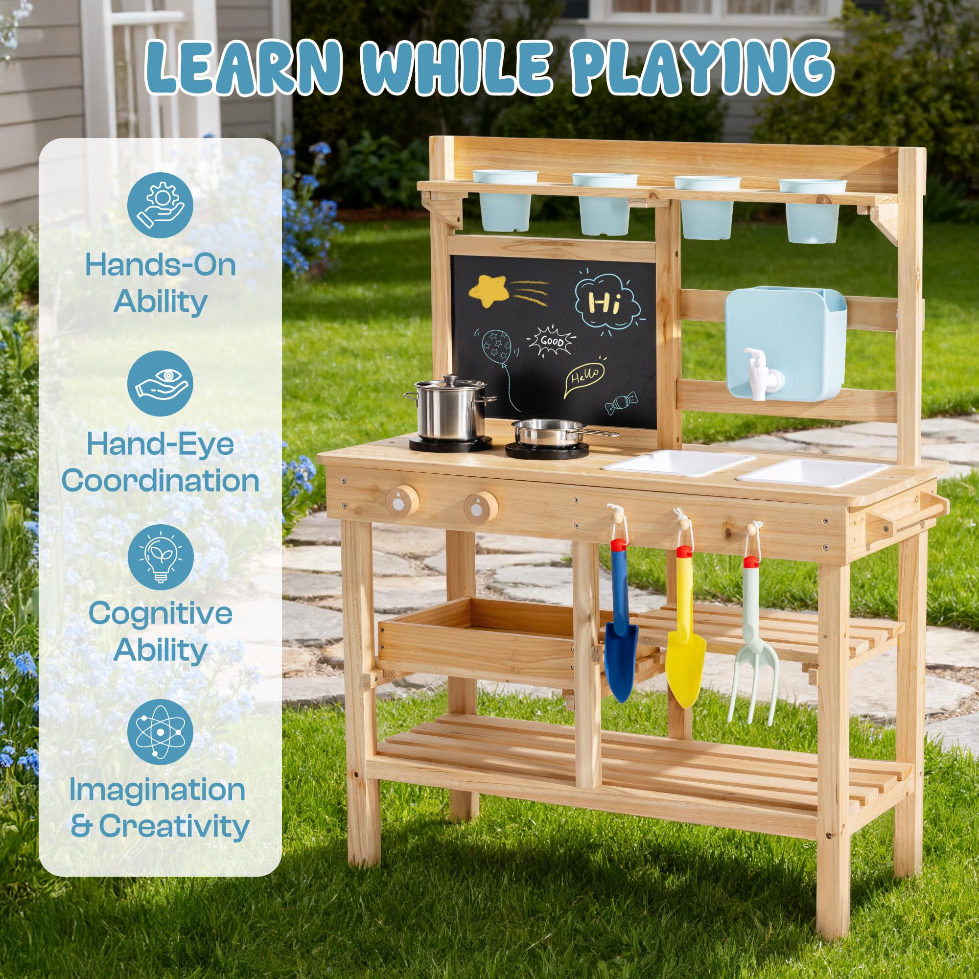 ROBUD Mud Kitchen for Kids Outdoor, BBQ Grill Solid Wood Outdoor Play Kitchen, Green Kids Mud Kitchen with Working Water Tap, Blackboard, Garden Sink, Monteeori Toys for Children Ages 3+, WH003-2